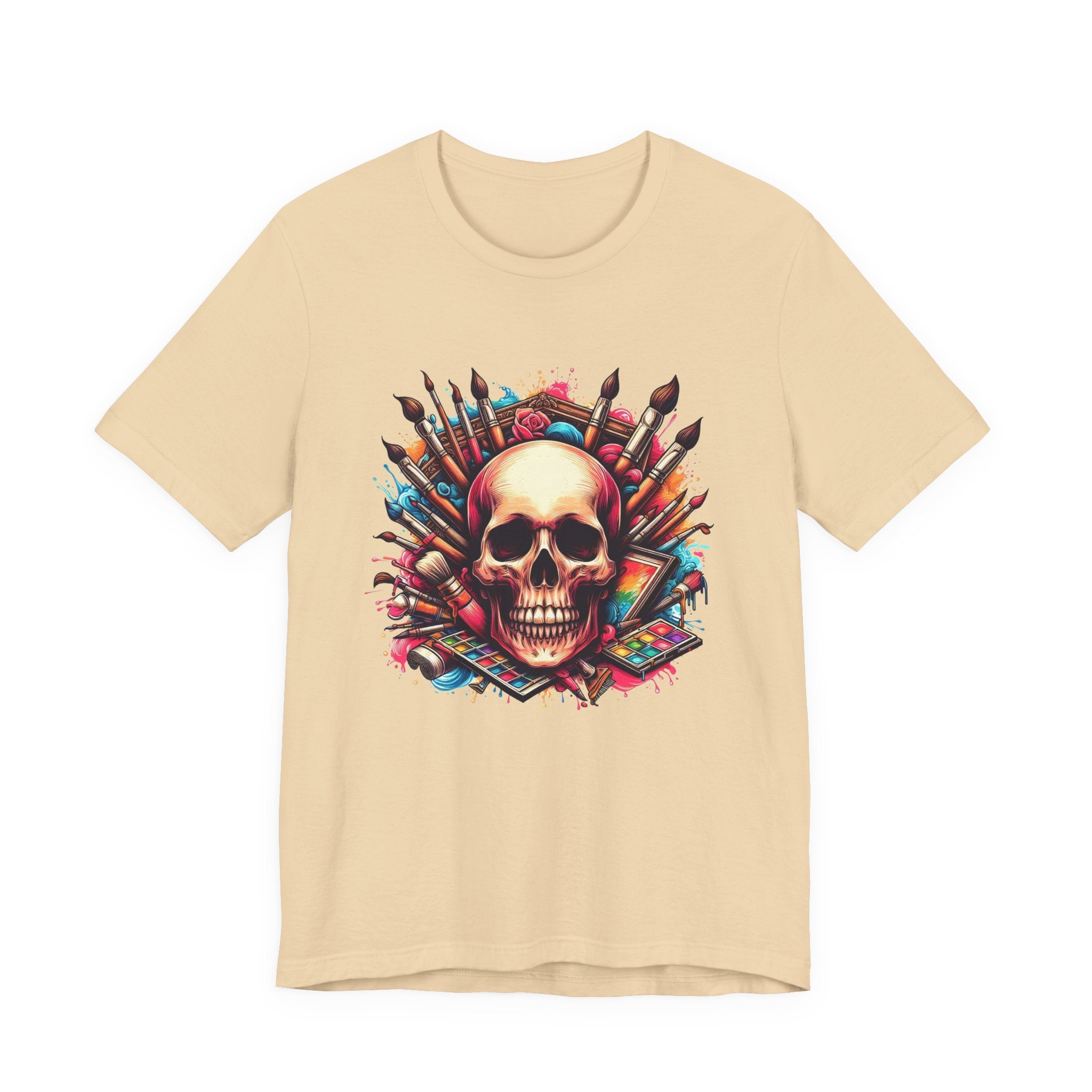 Art Is Not Dead Tshirt – Skull with Stacked Art Supplies Circular Graphic
