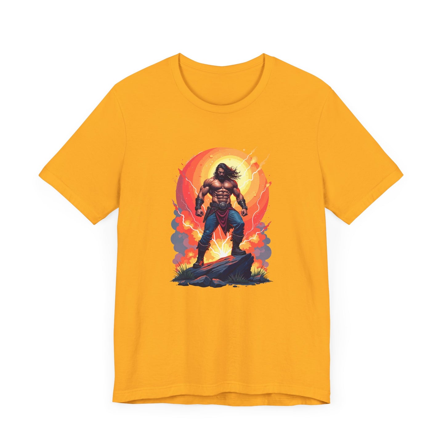 Power Unleashed – Strong Man on Rock with Lightning, Smoke & Fire Splash Graphic T-Shirt