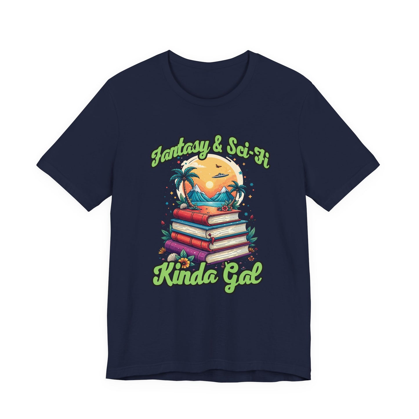 Fantasy And SciFi Kinda Gal Tshirt with Stacked Books with Flowers, Trees, Mountains and UFO