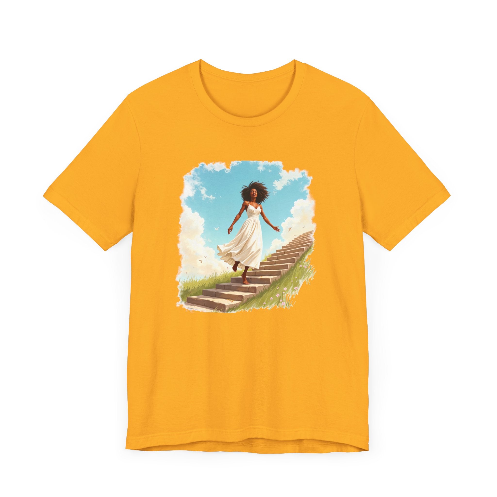 Graceful Woman in White Dress Walking on Stairs – Blue Sky & Green Ground Graphic T-Shirt