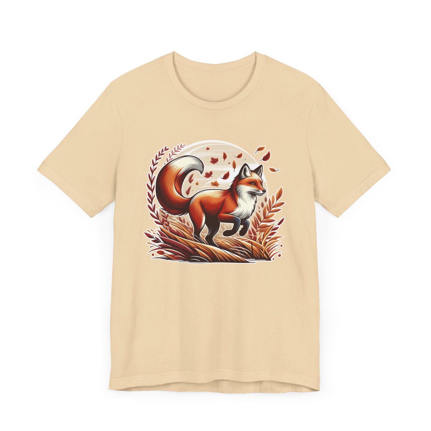 Grace and Agility - Elegant Fox Leaping in Grain Field with Flying Leaves Graphic T-Shirt
