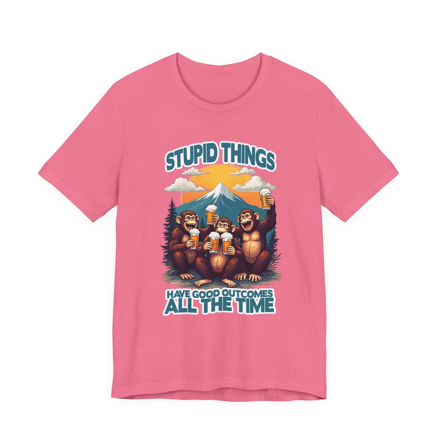 Stupid Things Have Good Outcomes Tshirt – Three Monkeys Cheers with Beer Mugs & Mountain Scene