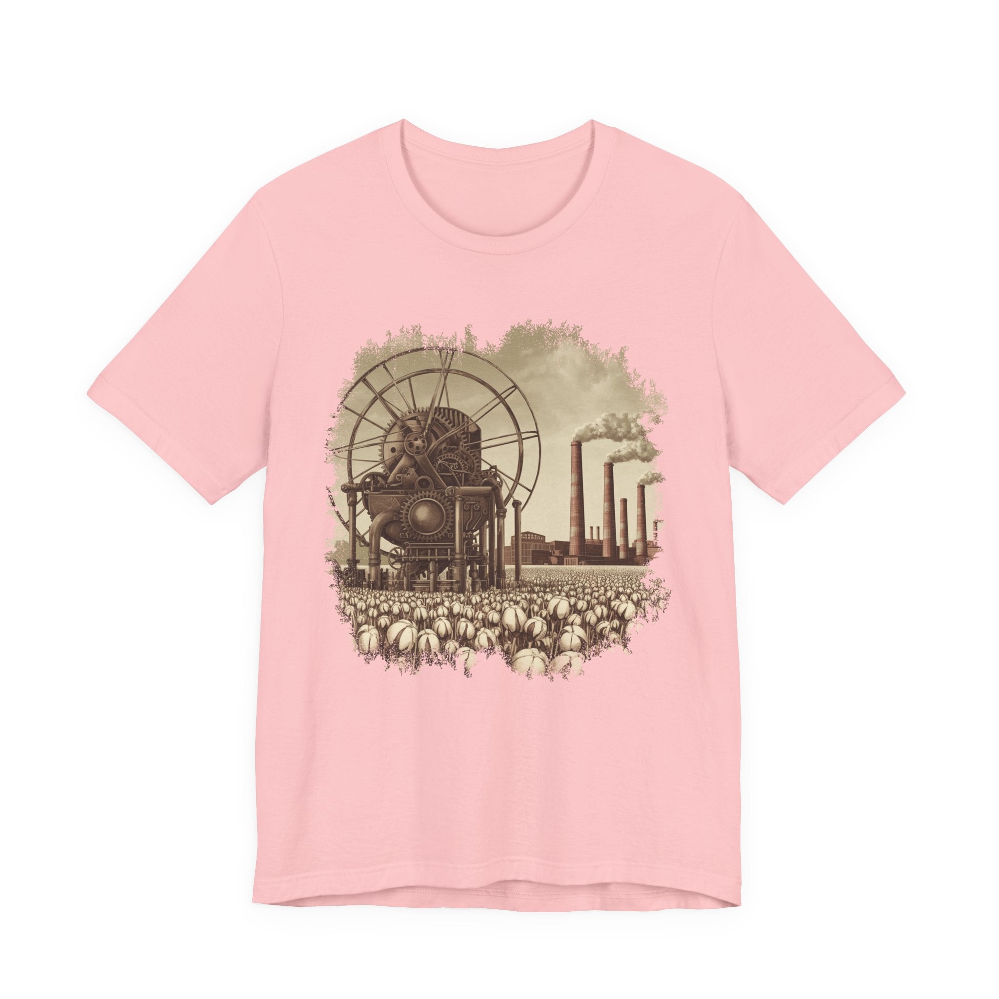 Cotton Gin Club Tshirt – Harvest-Ready Cotton Field with Historic Spinning Machine and Factory