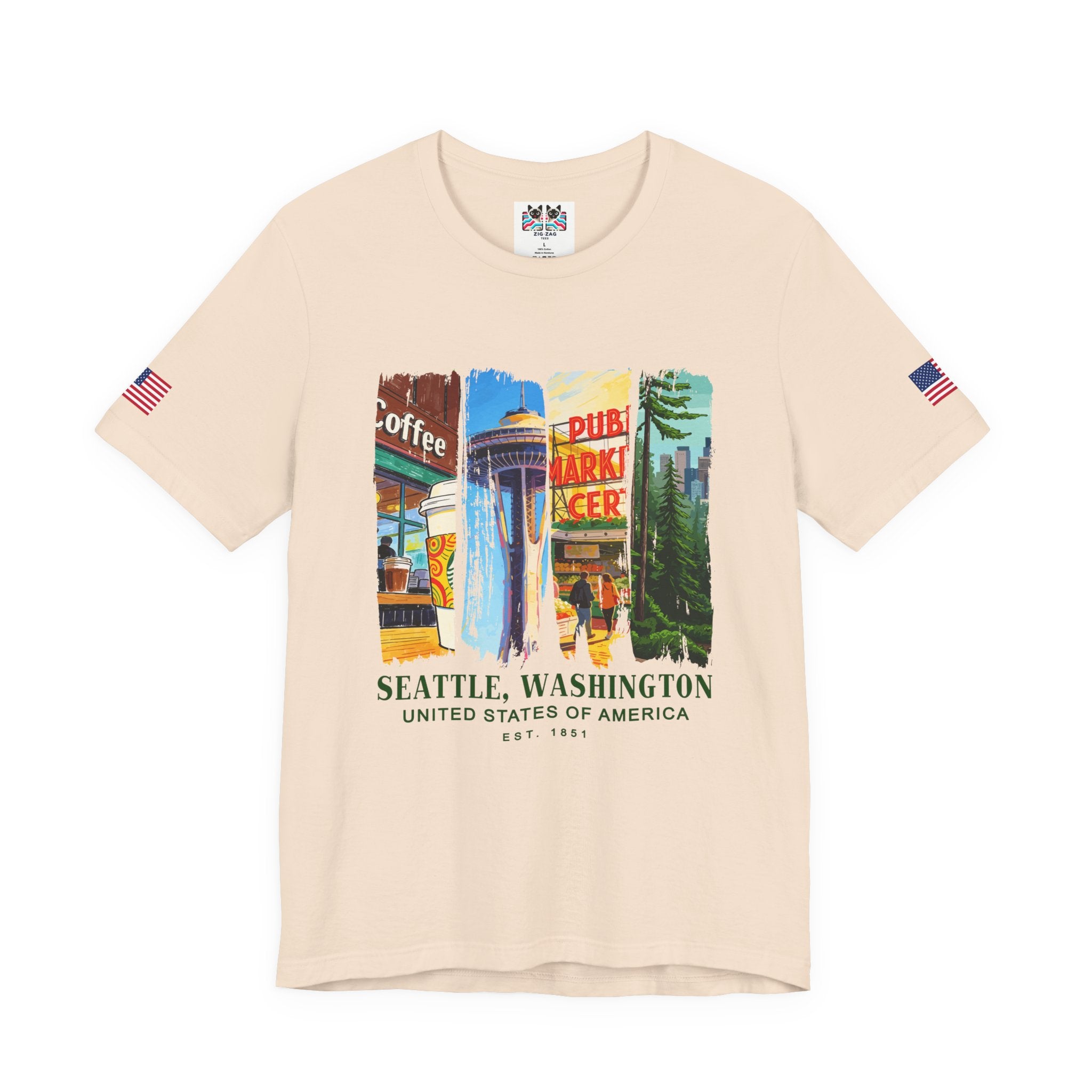 Seattle Washington Icons Collage T-Shirt | Coffee Space Needle Pike Place Market Graphic Tee | Seattle Souvenir