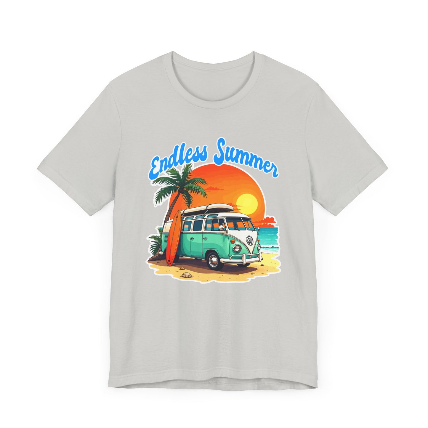 Endless Summer Beach Van with Surfboard and Palm Tree Sunset Graphic T-Shirt