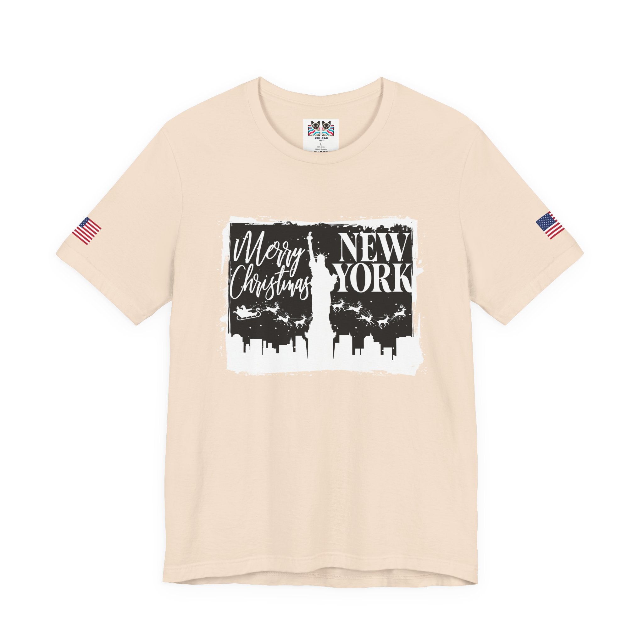 Merry Christmas New York T-Shirt - NYC Holiday Skyline with Santa & Statue of Liberty