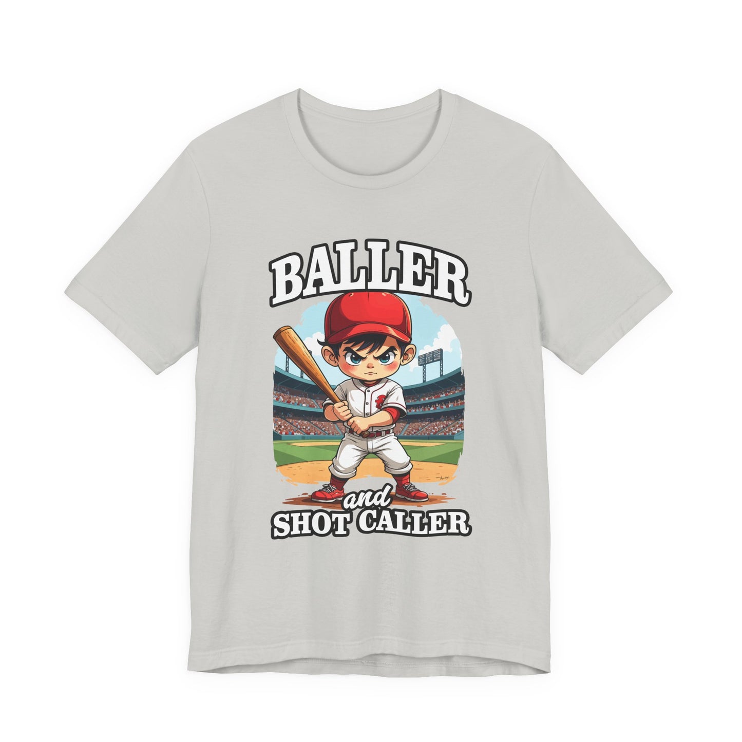 Baller And Short Caller Tshirt young baseball player standing confidently on the pitch