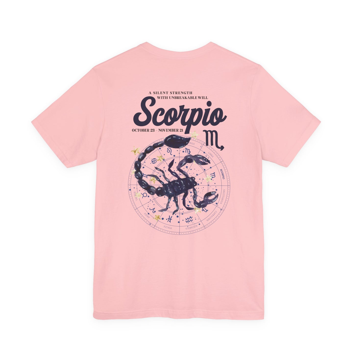 Scorpio Silent Strength T-Shirt – Scorpion with Zodiac Calendar Background