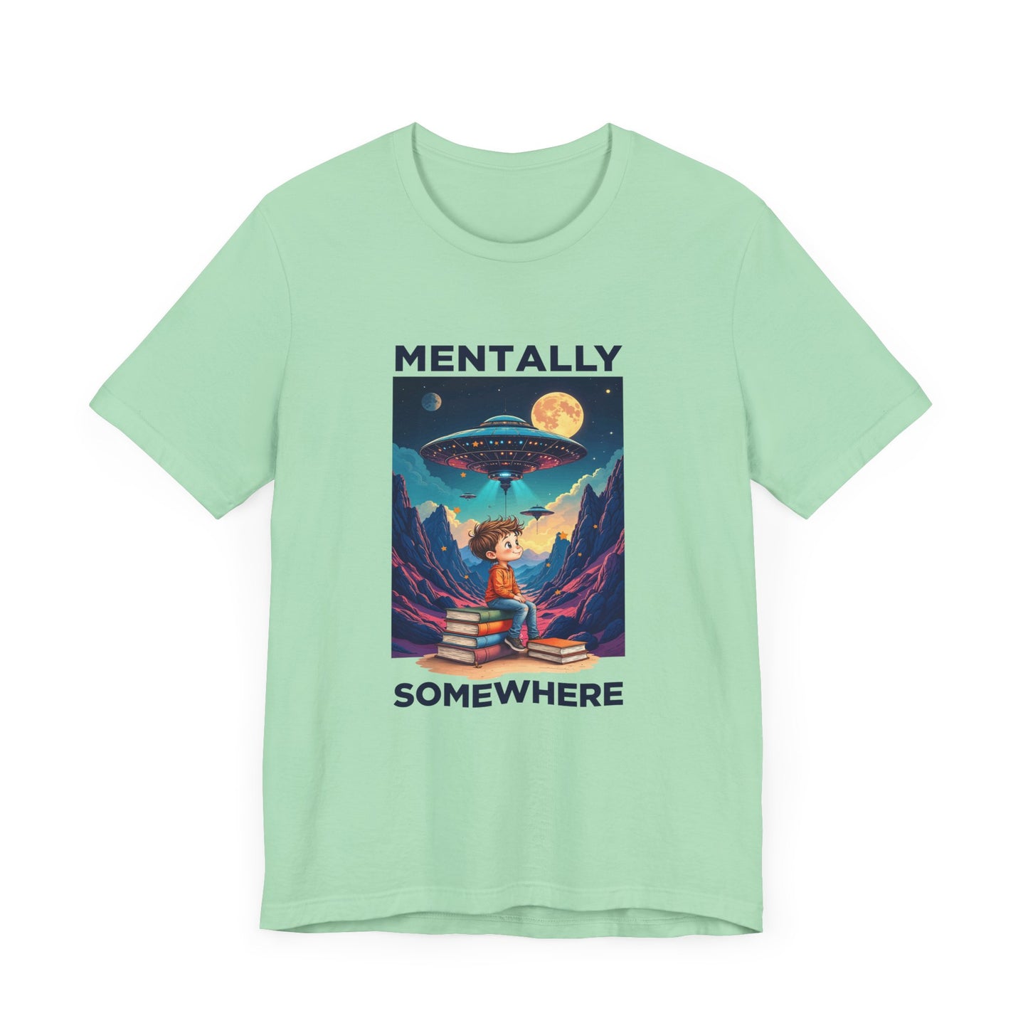 Mentally Somewhere Else – Boy on Books with Space Scene Graphic T-Shirt