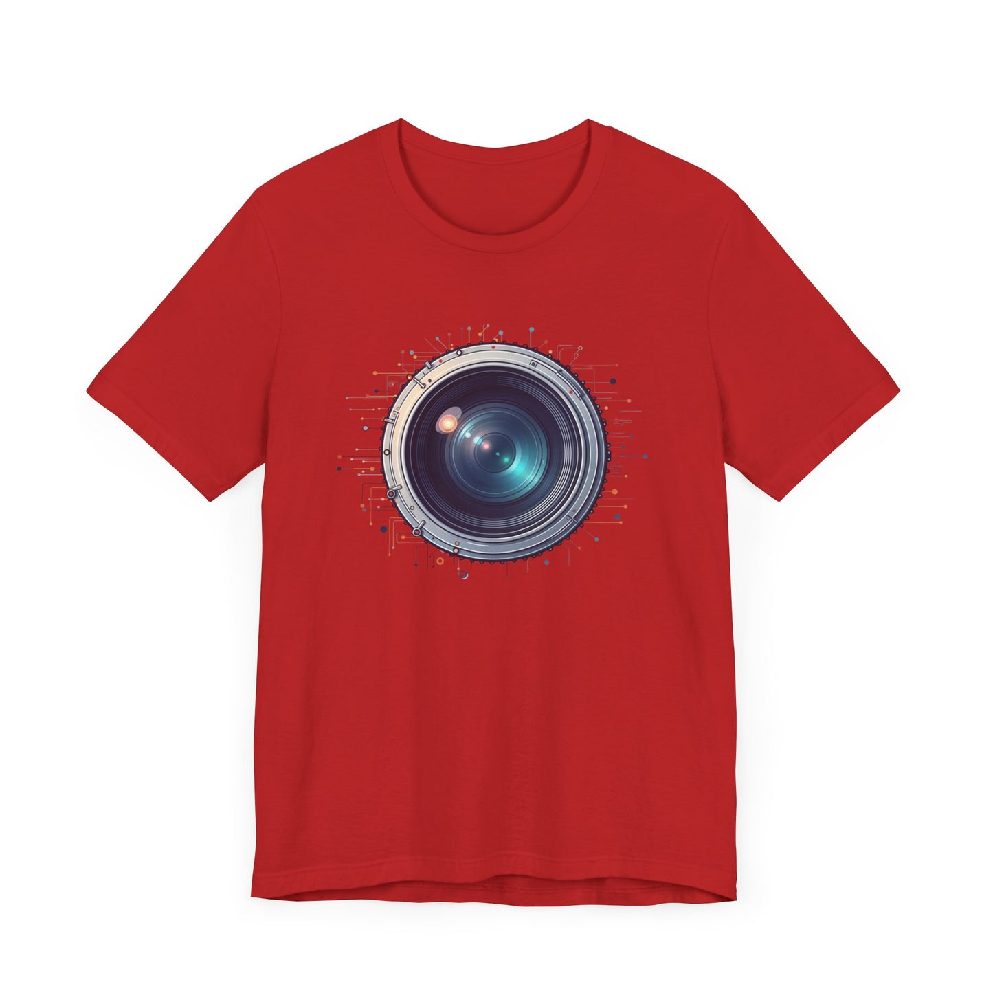 Focus Mode – Large Camera Lens with Radiant Lines & Color Splash Graphic T-Shirt