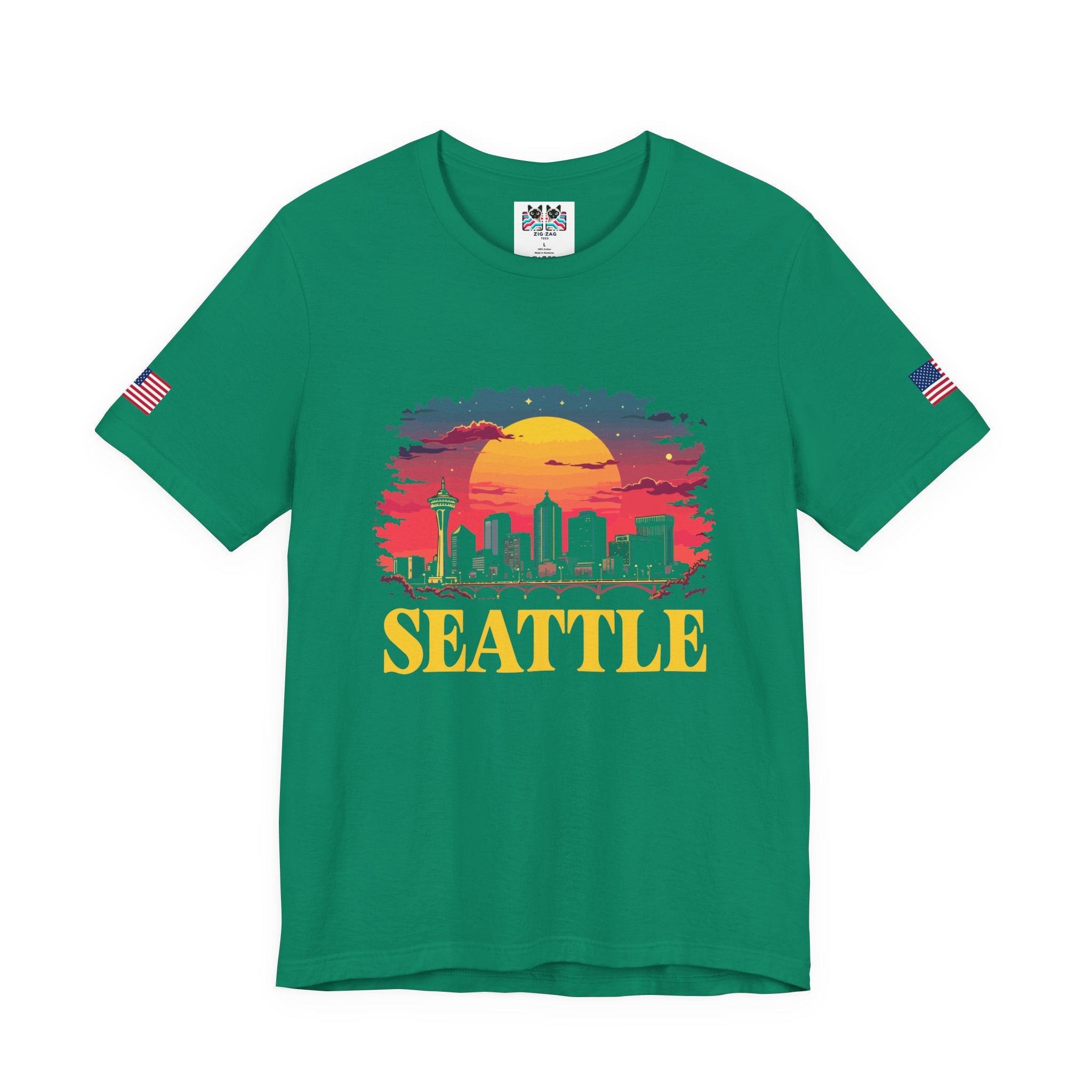Seattle Retro Sunset Skyline Graphic T-Shirt | Emerald City Space Needle Night Sky Tee | Seattle Souvenir Shirt
