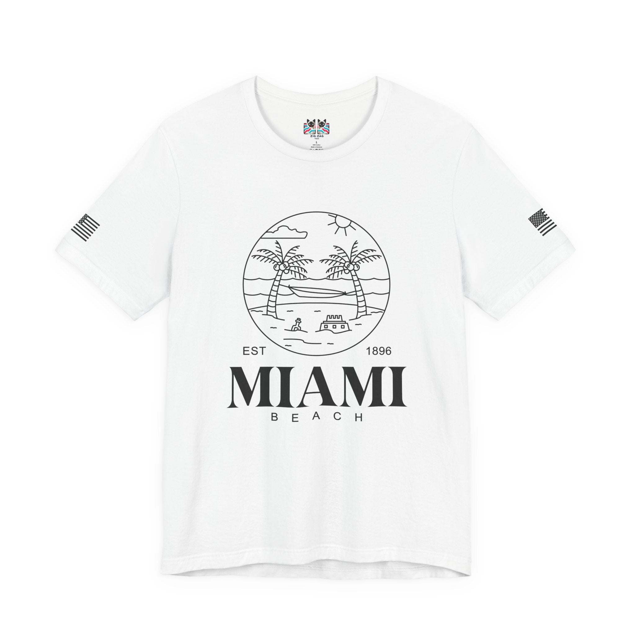 Miami Beach EST 1896 T-Shirt – Circle Line Art Badge Hammock Palm Tree Graphic Tee