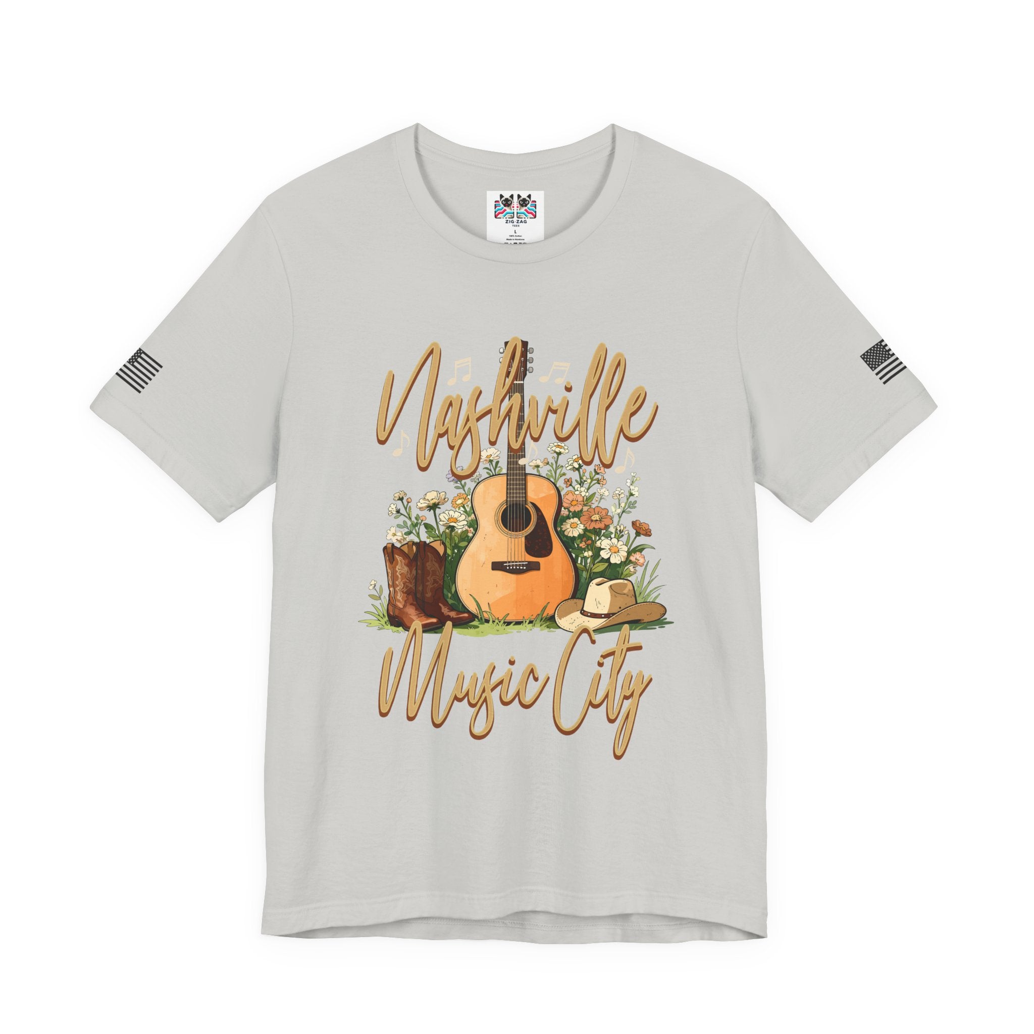 Nashville Music City T-Shirt – Acoustic Guitar Cowboy Hat Boots Floral Script Graphic Tee
