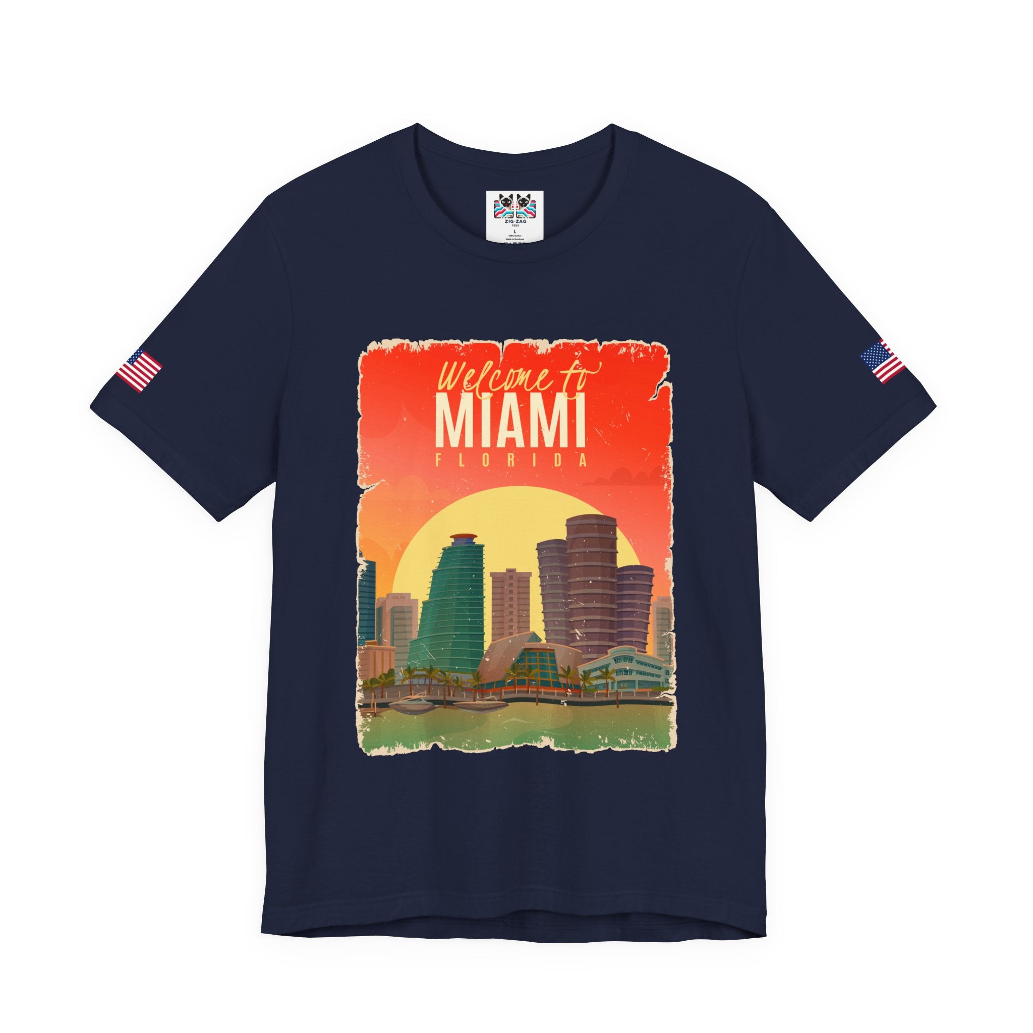 Welcome to Miami Florida T-Shirt – Vintage Retro Skyline Sunset Poster Graphic Tee