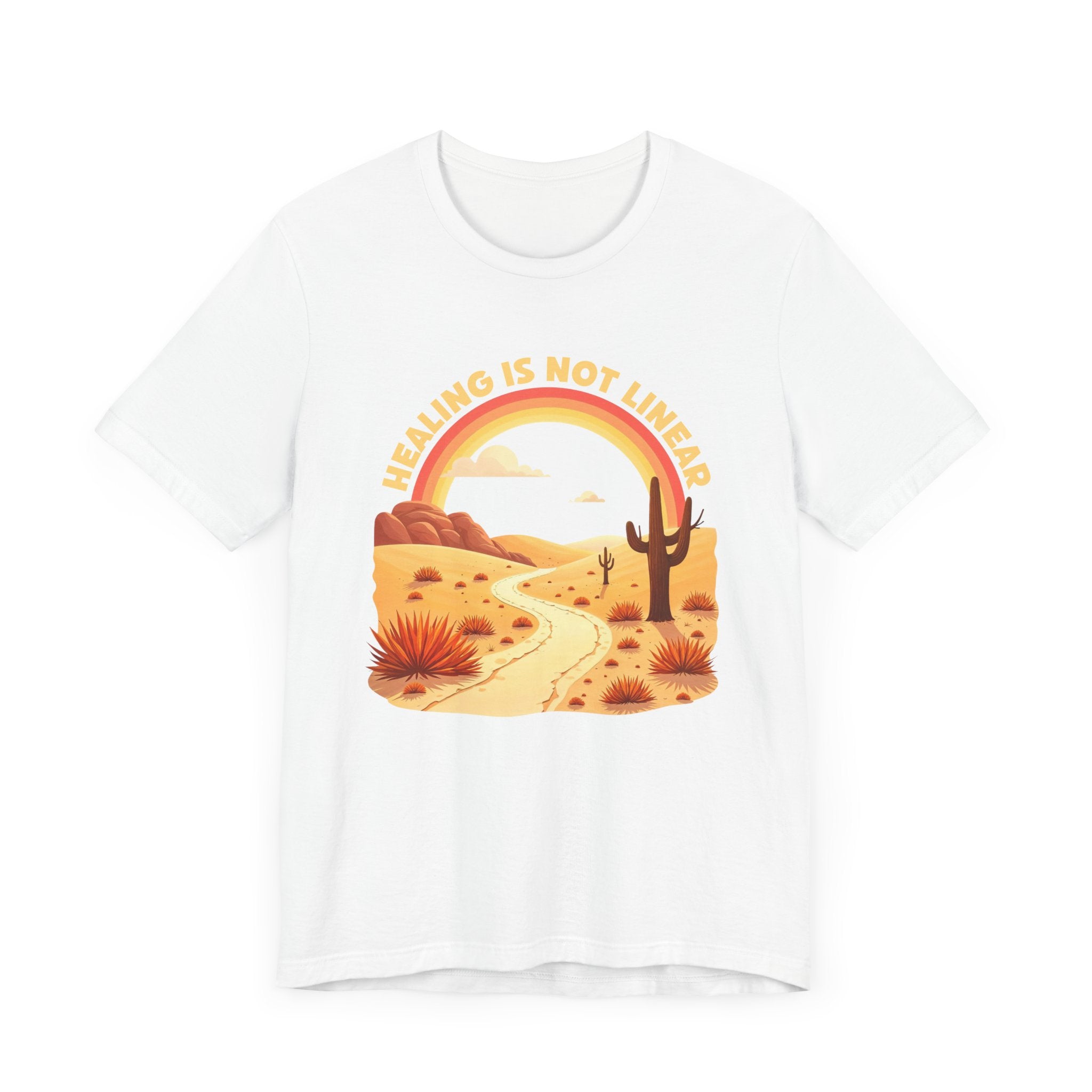Healing Is Not Linear – Warm Desert Rainbow & Winding Road Graphic T-Shirt