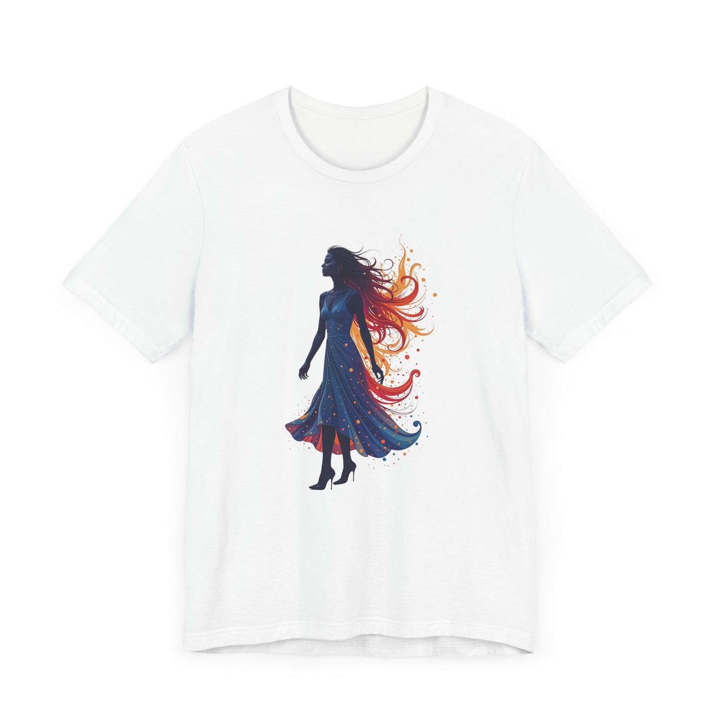 Graceful Woman with Swirling Autumn Aura – Abstract Colorful Swirl Graphic T-Shirt