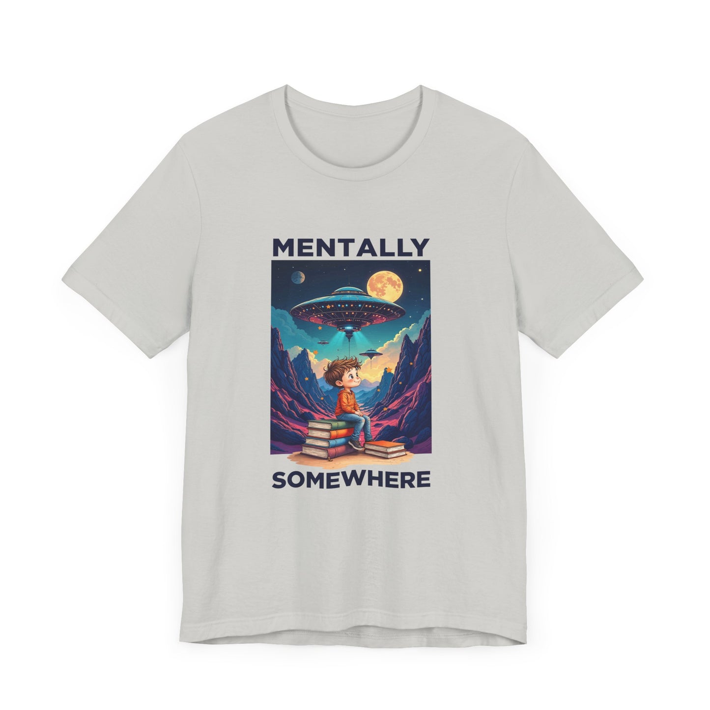 Mentally Somewhere Else – Boy on Books with Space Scene Graphic T-Shirt