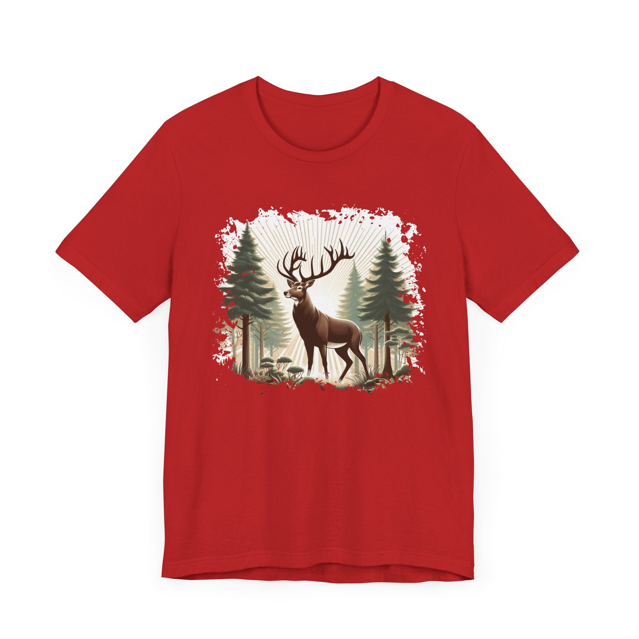 Majestic Deer with Large Antlers | Sunlight Through Foggy Forest Graphic T-Shirt