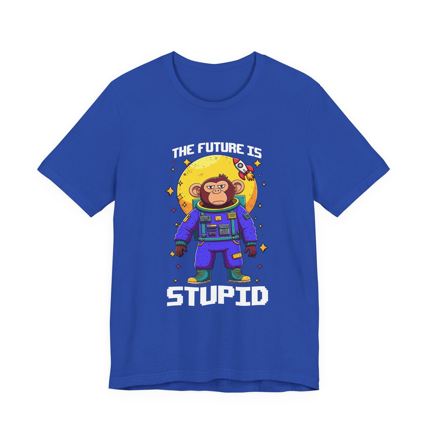 The Future Is Stupid Tshirt – Monkey in Colorful Spacesuit with Stars & Rocket Graphic