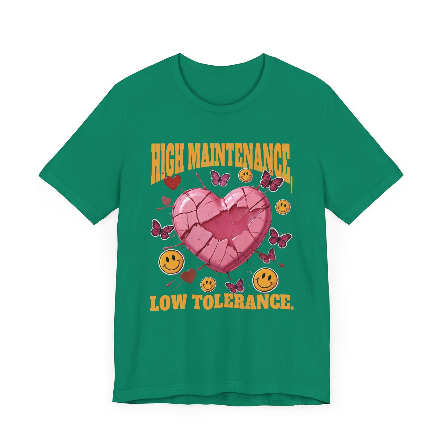 High Maintenance, Low Tolerance | Cracked Heart & Smiles Butterfly Graphic T-Shirt