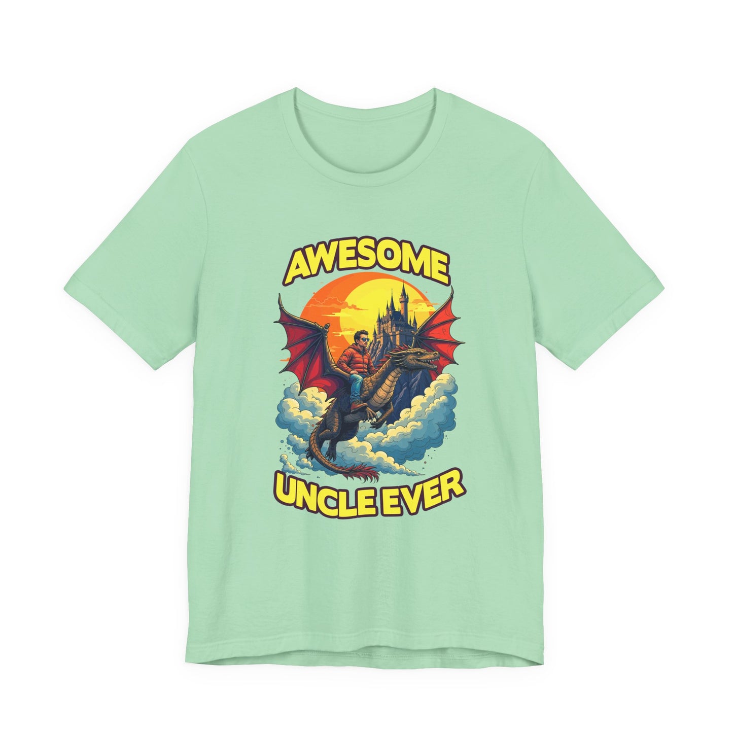 Awesome Uncle Ever Tshirt Man Riding Large Dragon Flying in Clouds with Castle in background