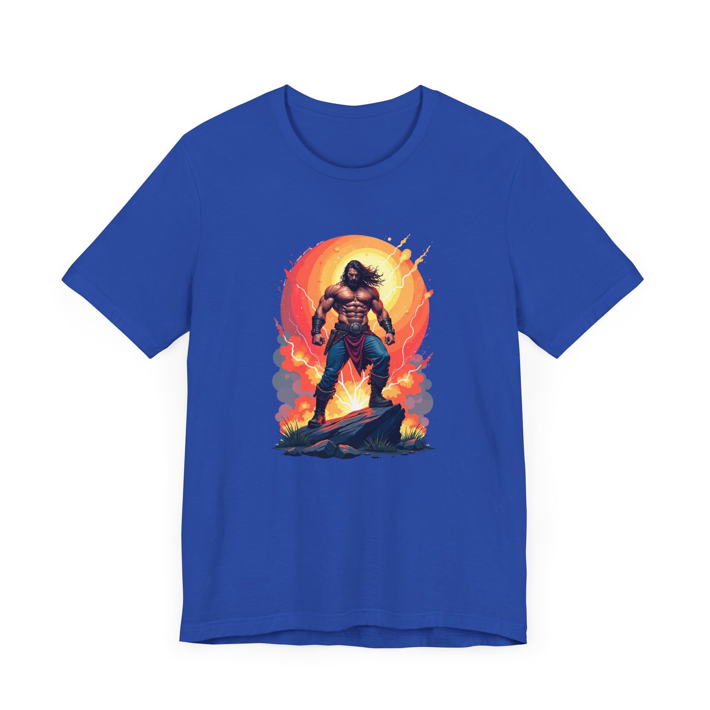 Power Unleashed – Strong Man on Rock with Lightning, Smoke & Fire Splash Graphic T-Shirt