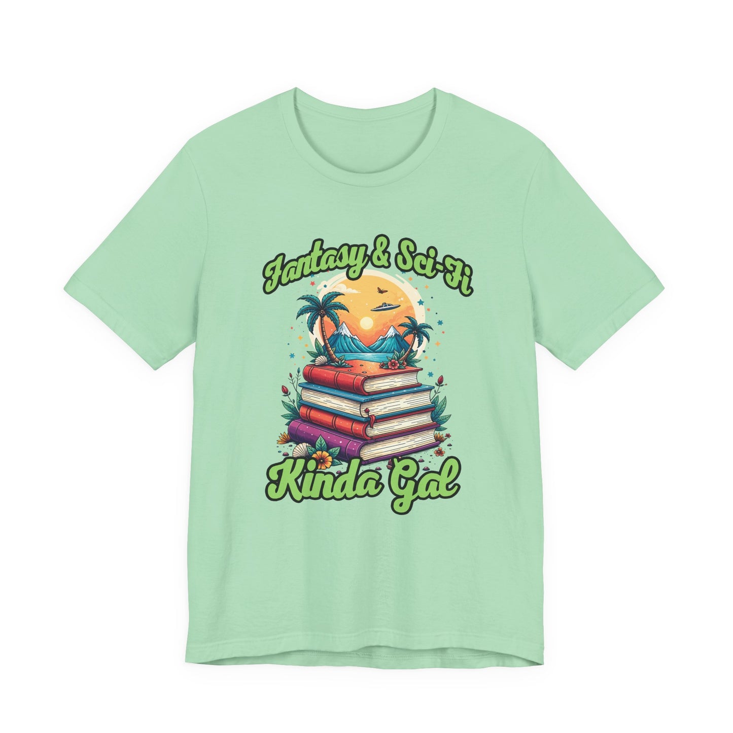 Fantasy And SciFi Kinda Gal Tshirt with Stacked Books with Flowers, Trees, Mountains and UFO