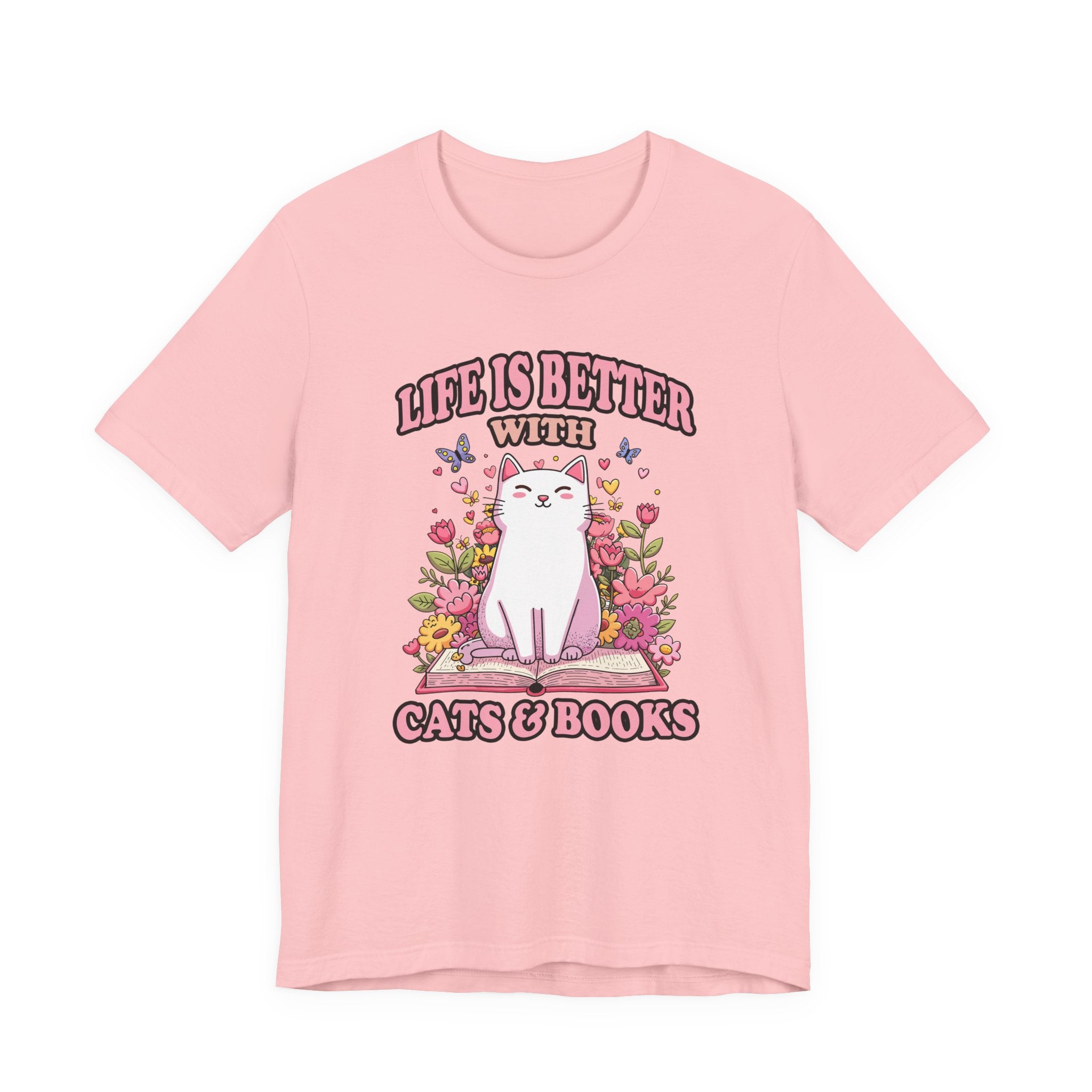 Life Is Better With Cat And Books Tshirt Cat Sitting on Open Book Flower Graphic