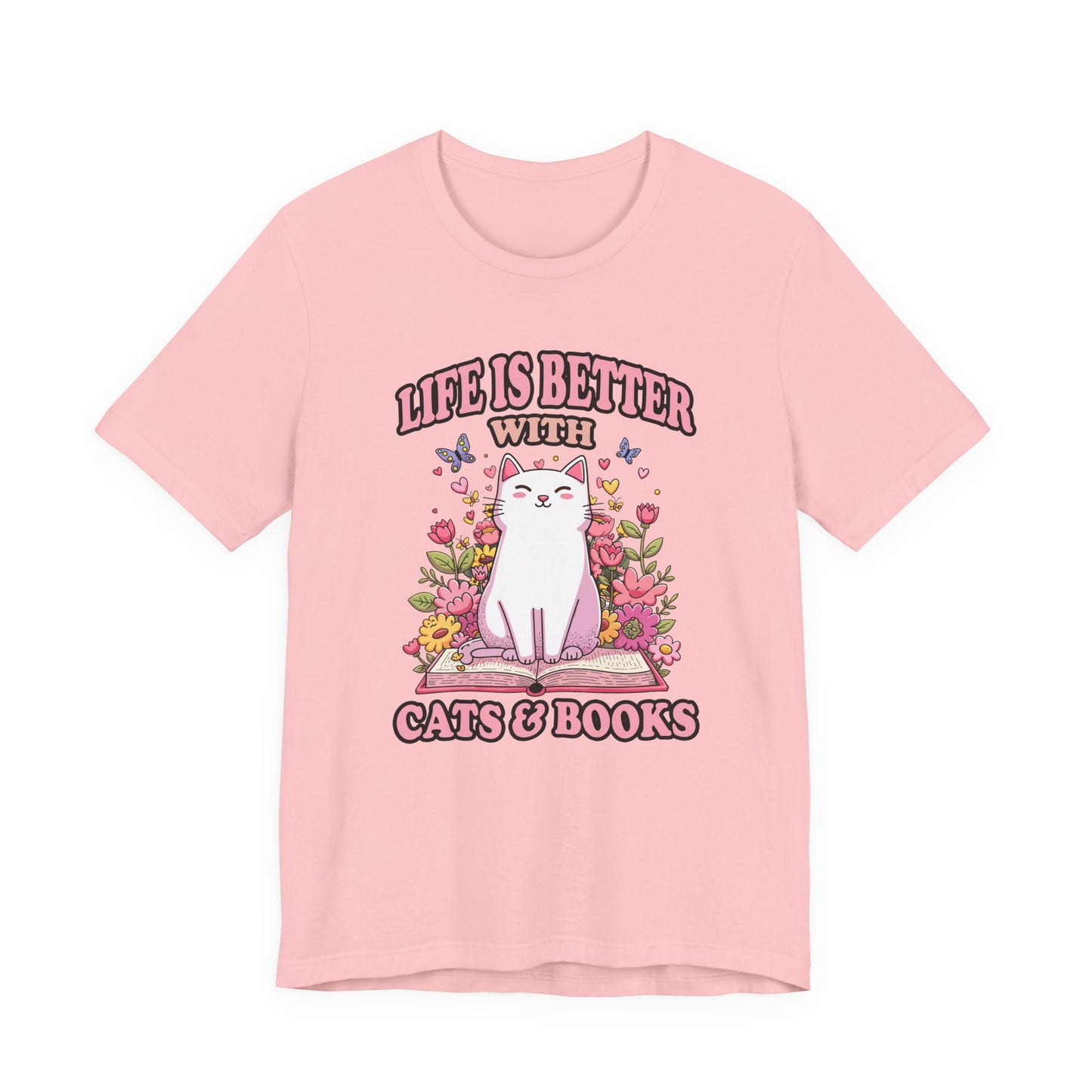 Life Is Better With Cat And Books Tshirt Cat Sitting on Open Book Flower Graphic