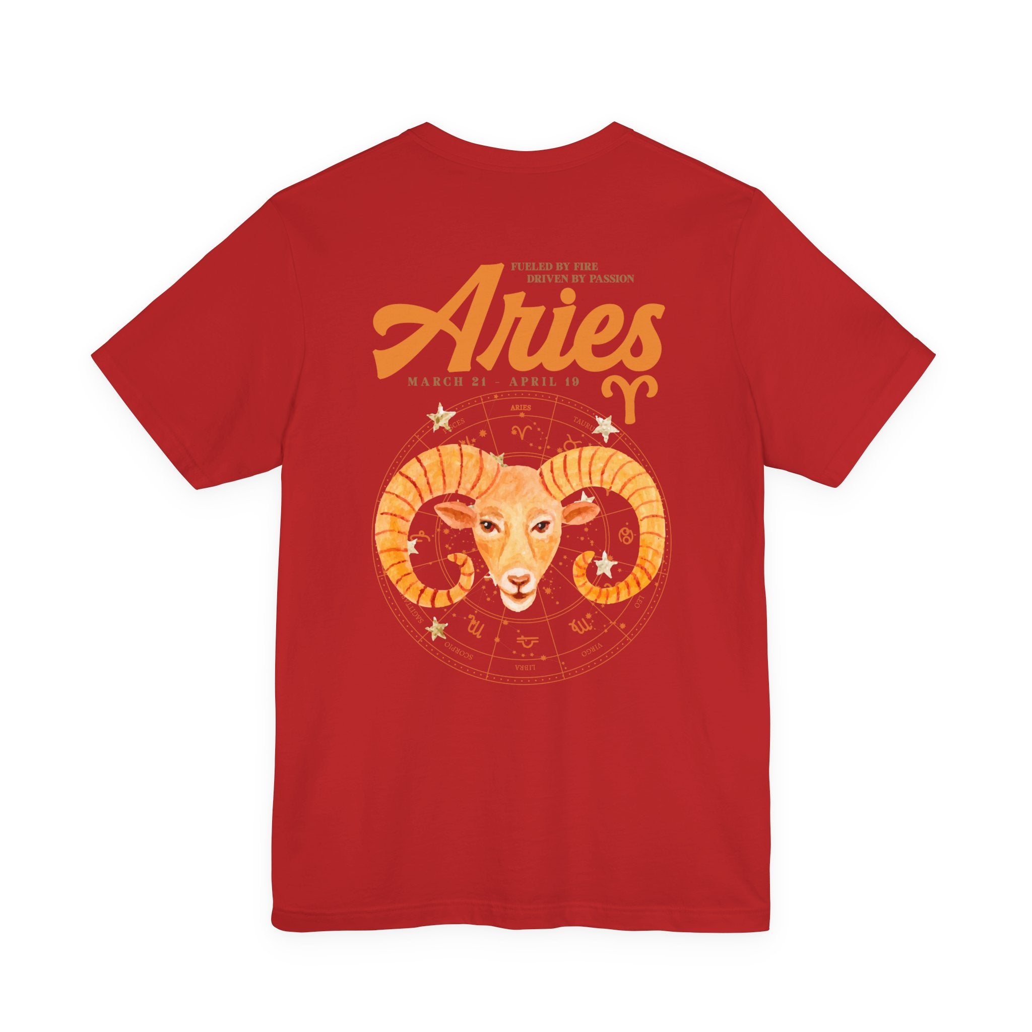 Aries Fueled by Fire T-Shirt – Ram Head with Zodiac Astrological Wheel