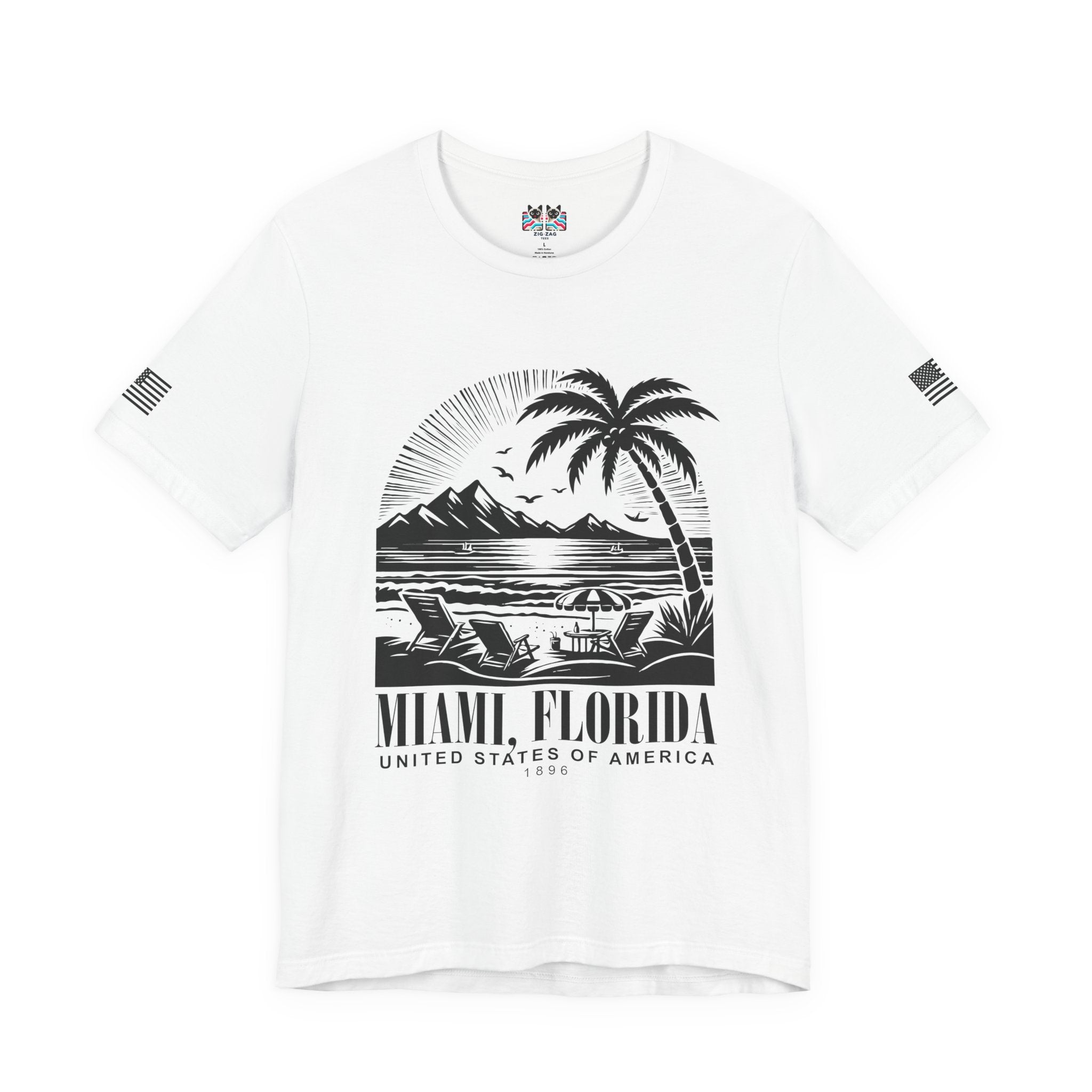 Miami Florida USA 1896 T-Shirt – Black Line Art Beach Chair Palm Tree Graphic Tee