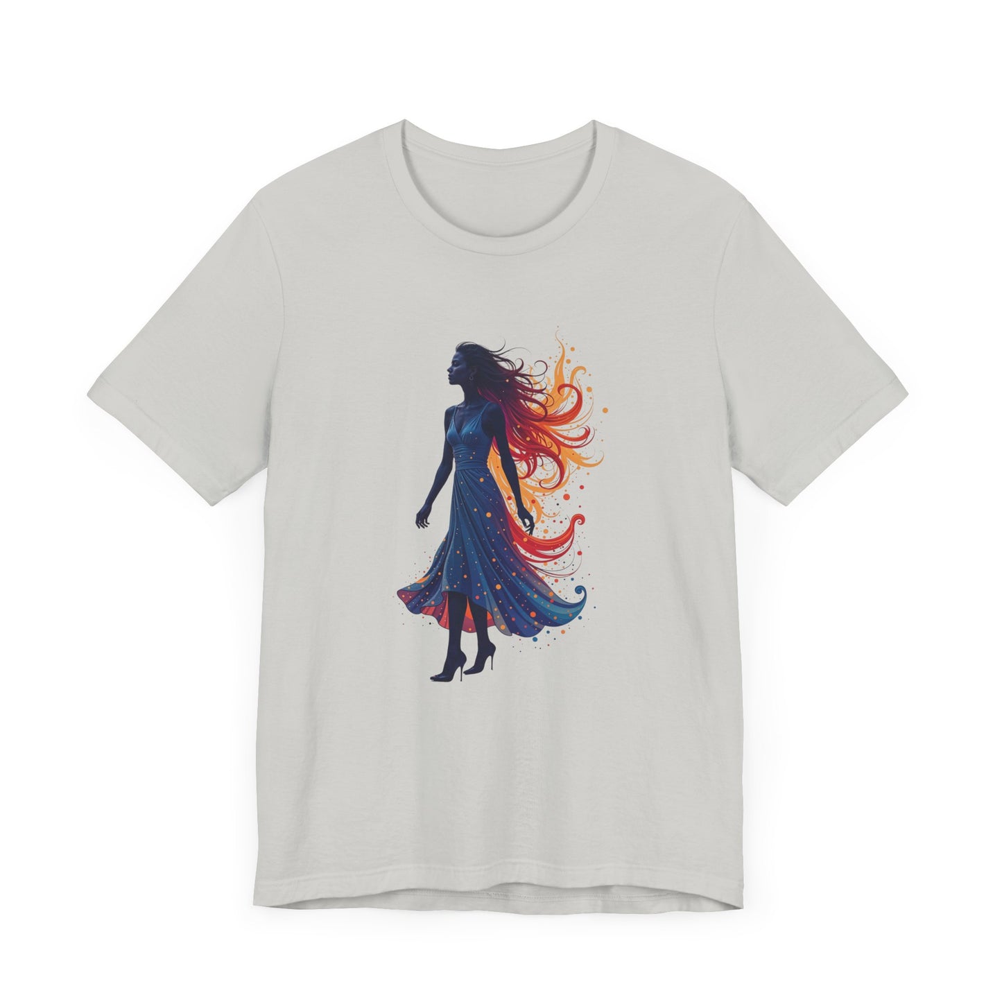 Graceful Woman with Swirling Autumn Aura – Abstract Colorful Swirl Graphic T-Shirt