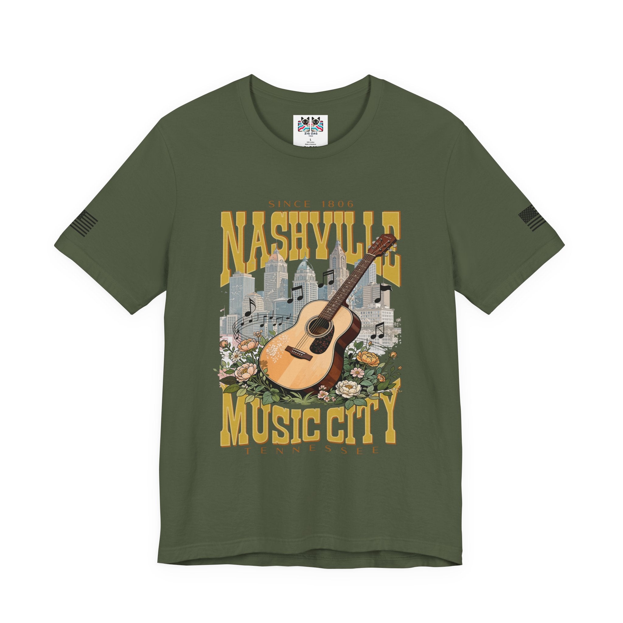 Nashville Music City Since 1806 T-Shirt – Acoustic Guitar Skyline Floral Graphic Tee Tennessee