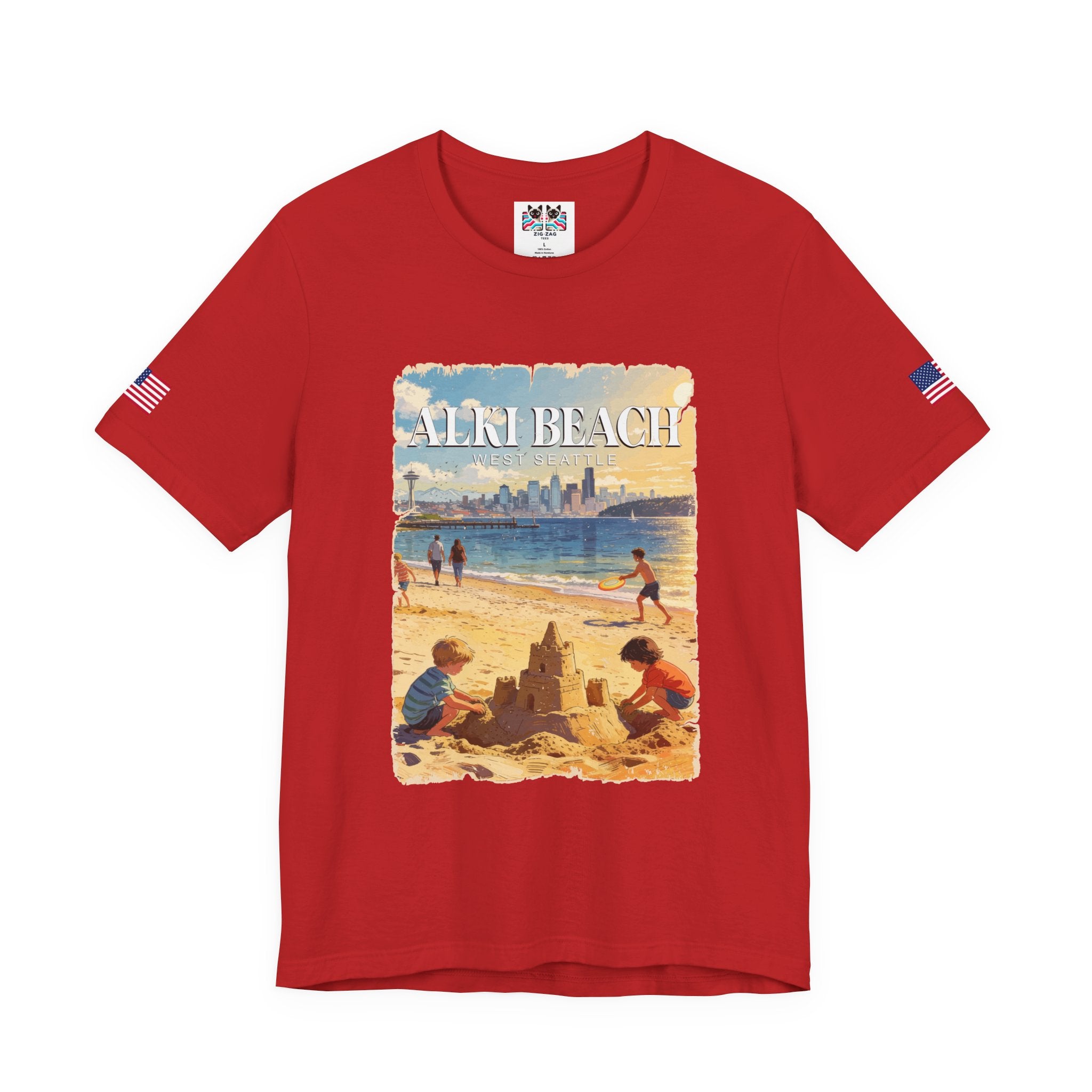 Alki Beach West Seattle Vintage Travel Poster Graphic T-Shirt | West Seattle Souvenir Tee | Puget Sound Beach Shirt