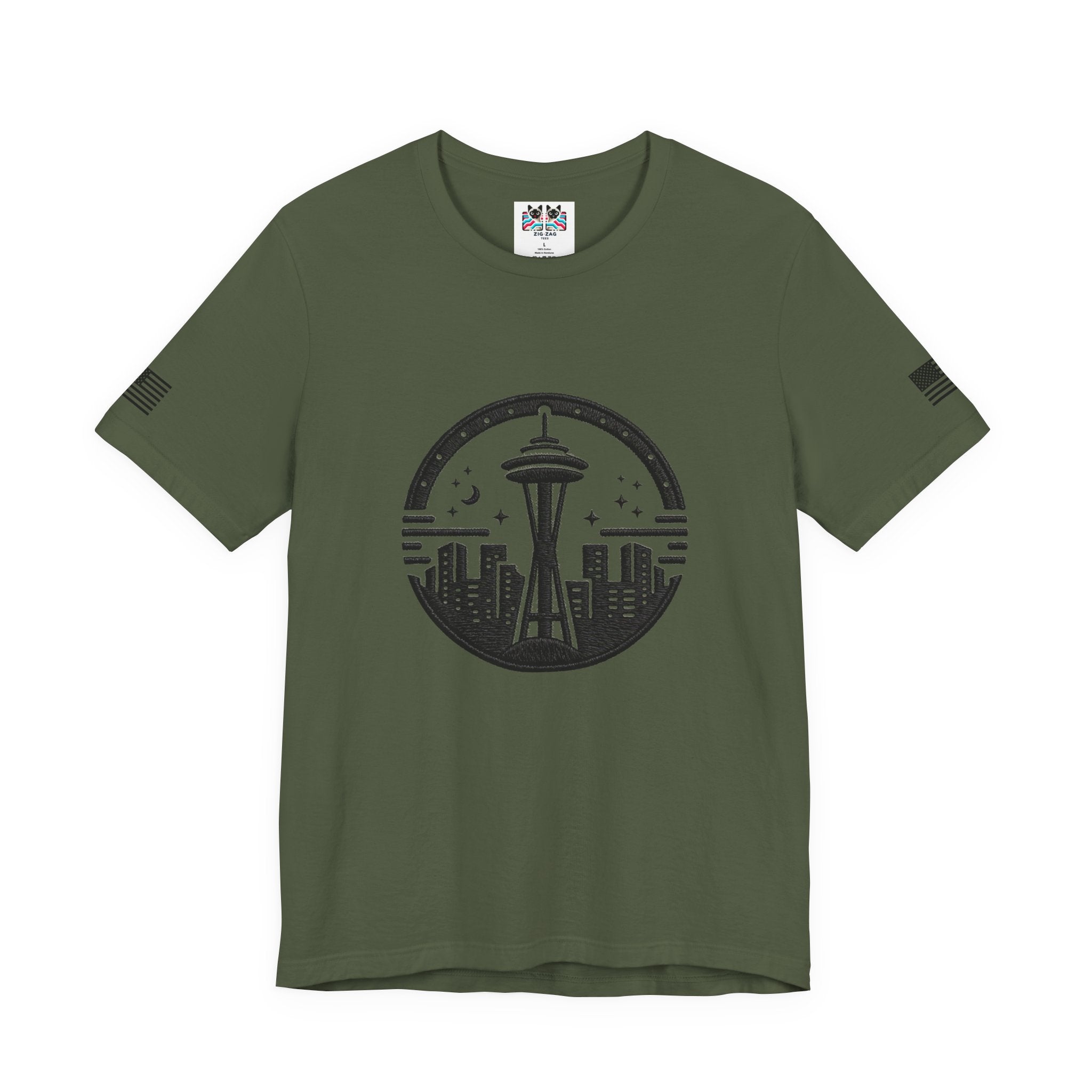 Seattle Space Needle Night Sky Circle Emblem Graphic T-Shirt | Seattle Souvenir Tee | Emerald City Emblem Shirt