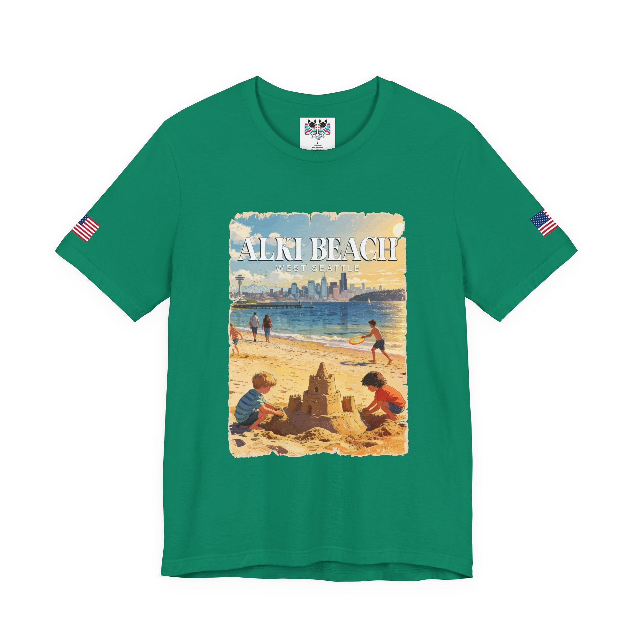 Alki Beach West Seattle Vintage Travel Poster Graphic T-Shirt | West Seattle Souvenir Tee | Puget Sound Beach Shirt