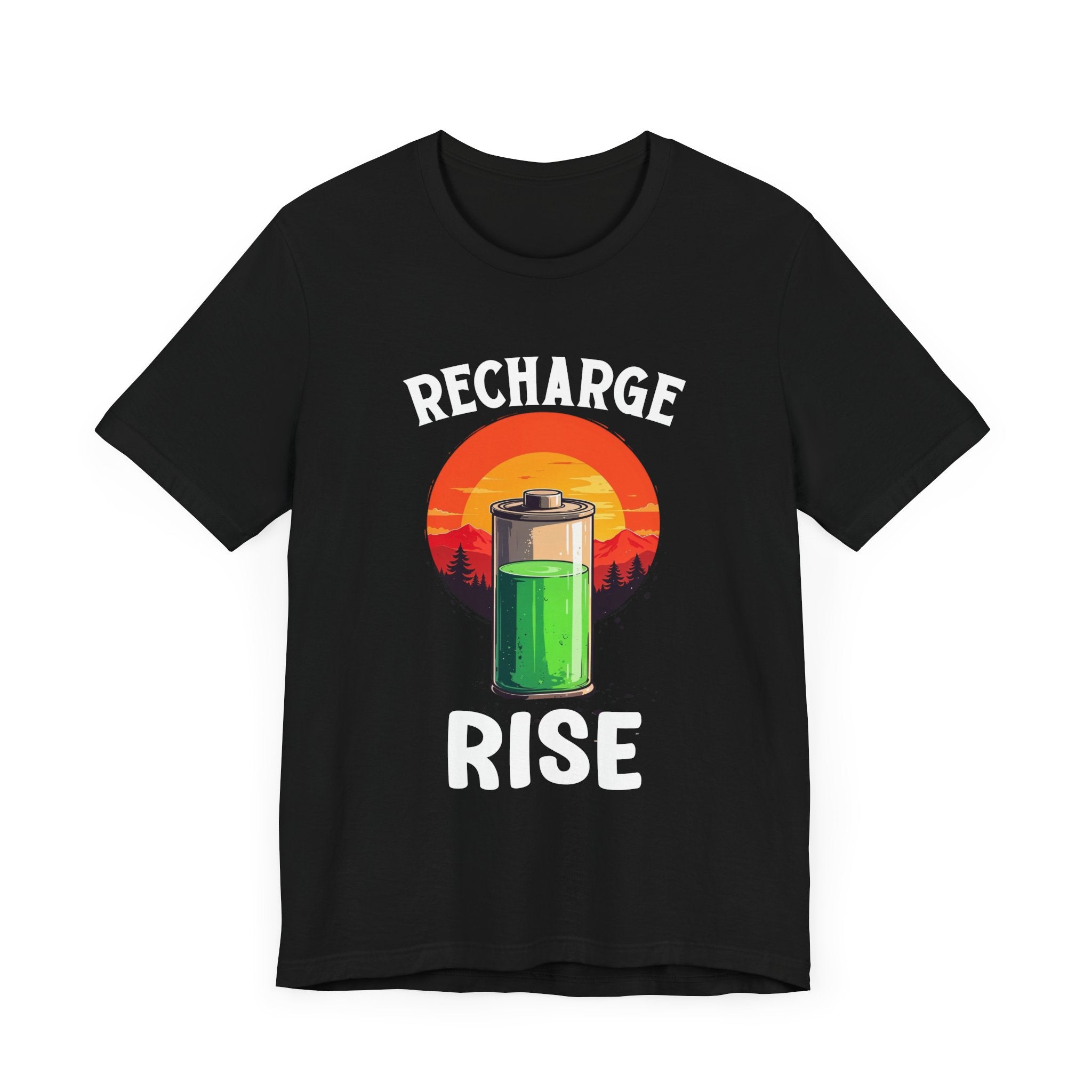 Recharge and Rise T-Shirt – Motivational Battery and Sunrise Graphic Tee