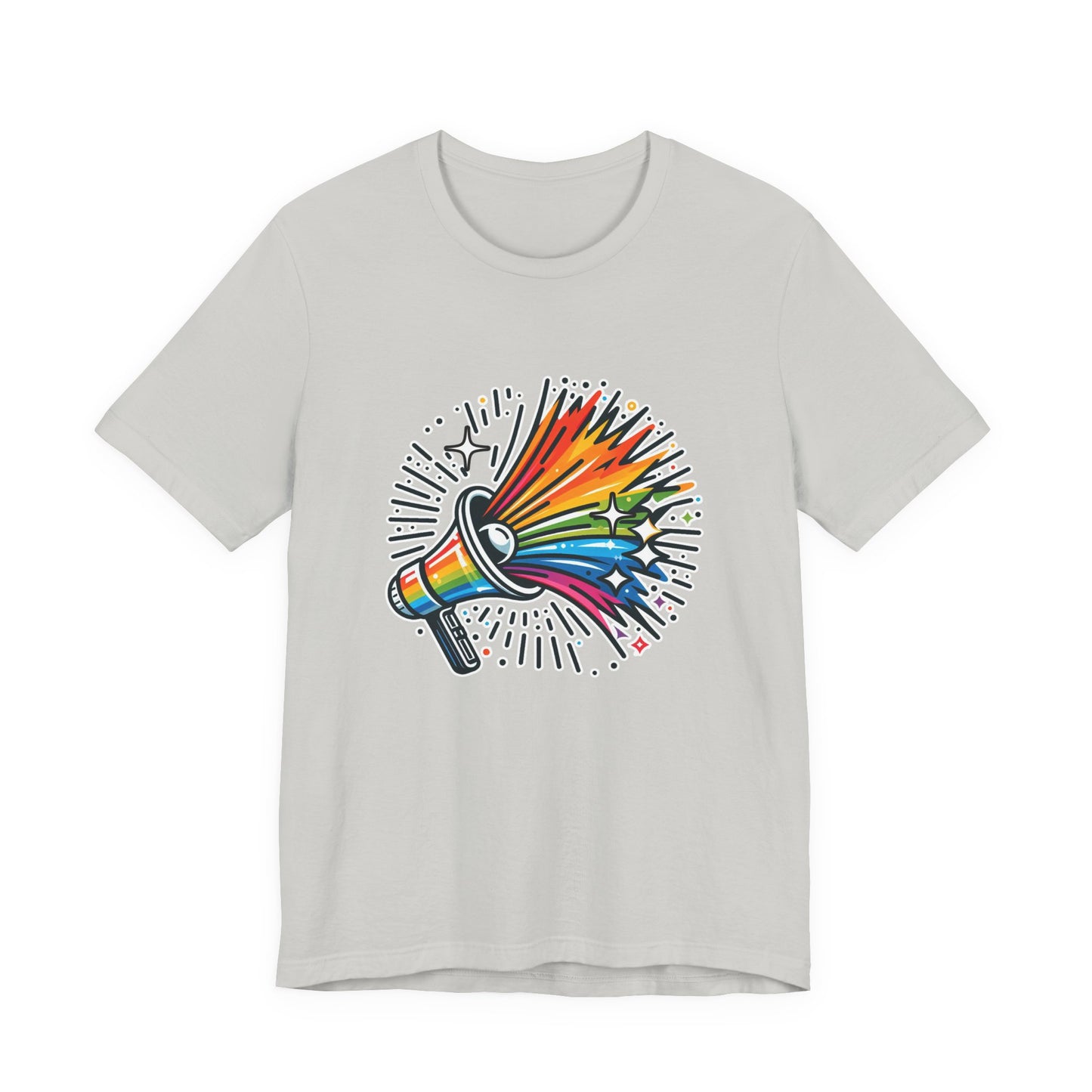 Proud & Loud – Colorful Handheld Speaker with Exploding Stars Graphic T-Shirt