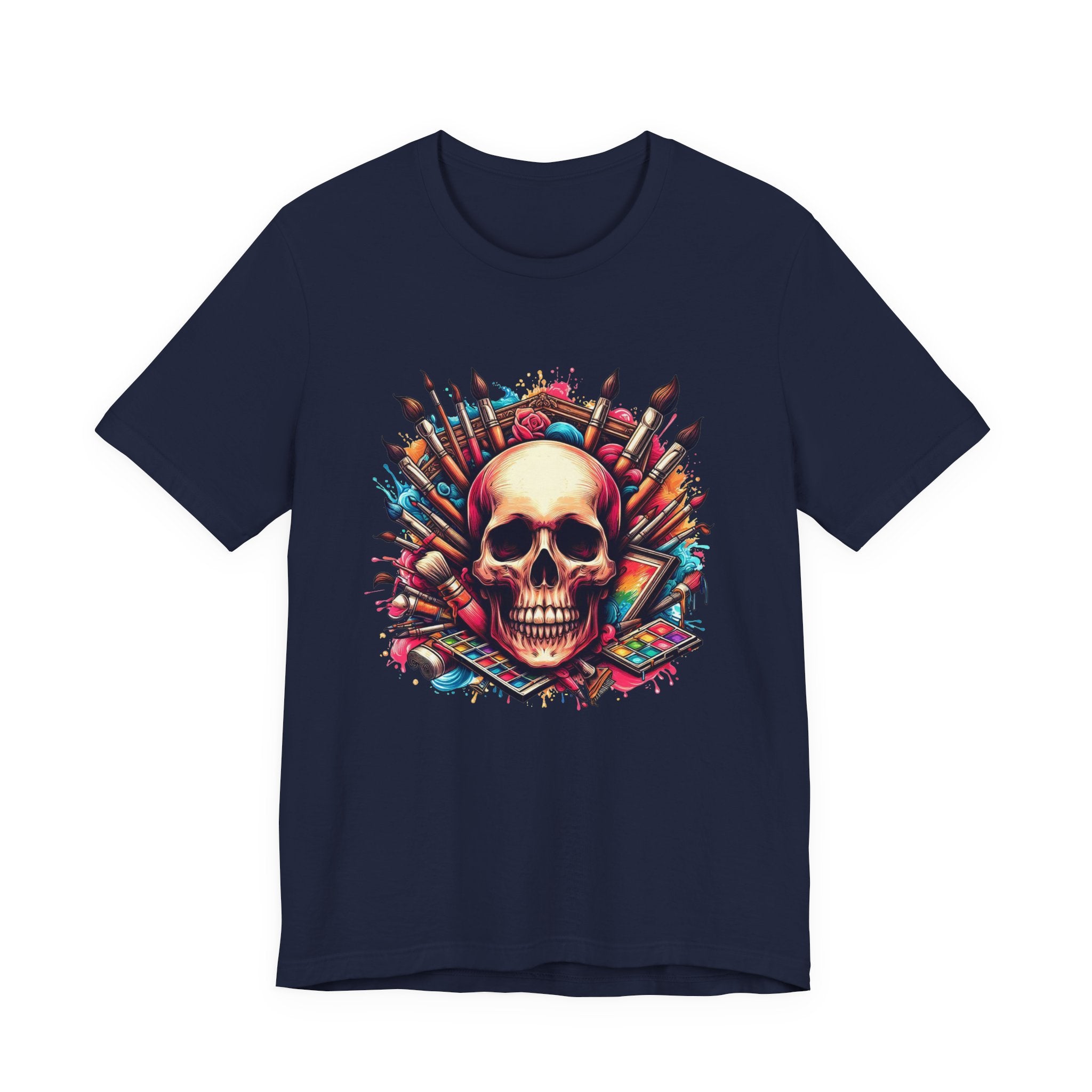 Art Is Not Dead Tshirt – Skull with Stacked Art Supplies Circular Graphic