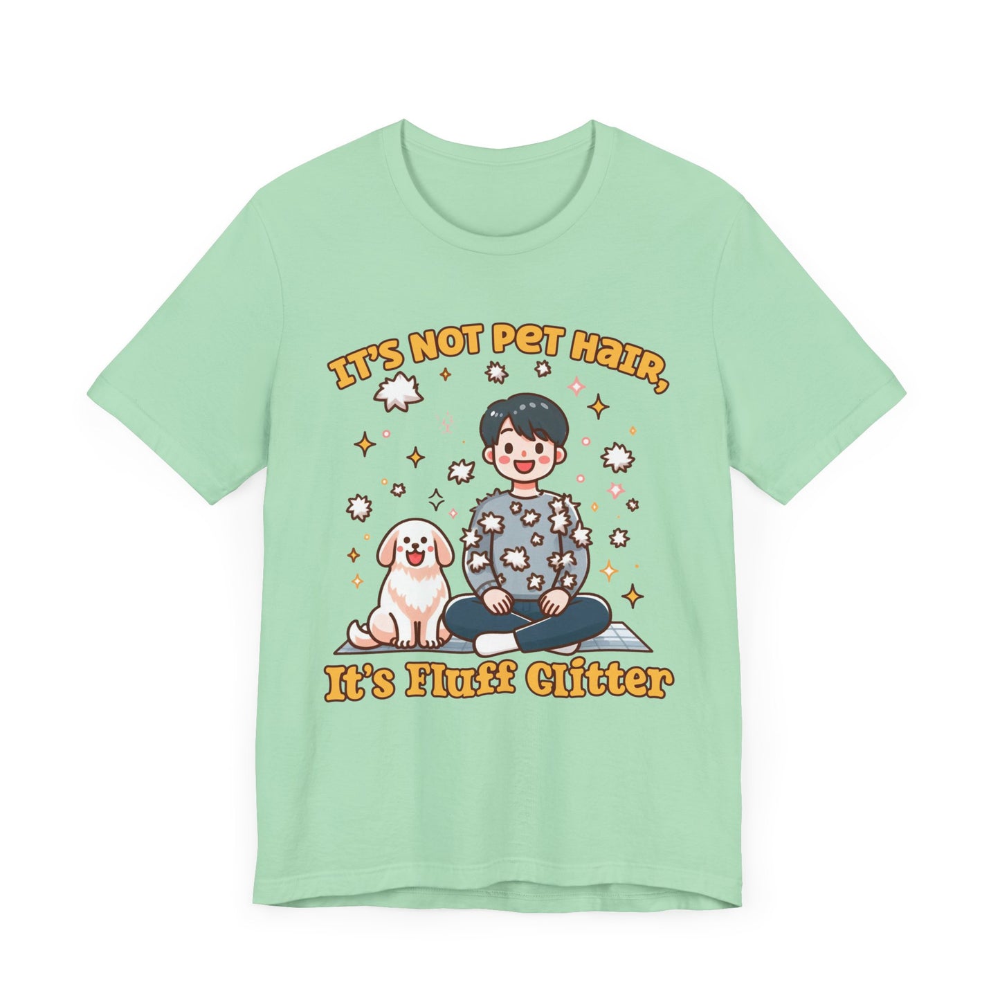 It's Not Pet Hair, It's Fluff Glitter | Smiling Puppy and Boy with Flying Hair & Glitter T-Shirt