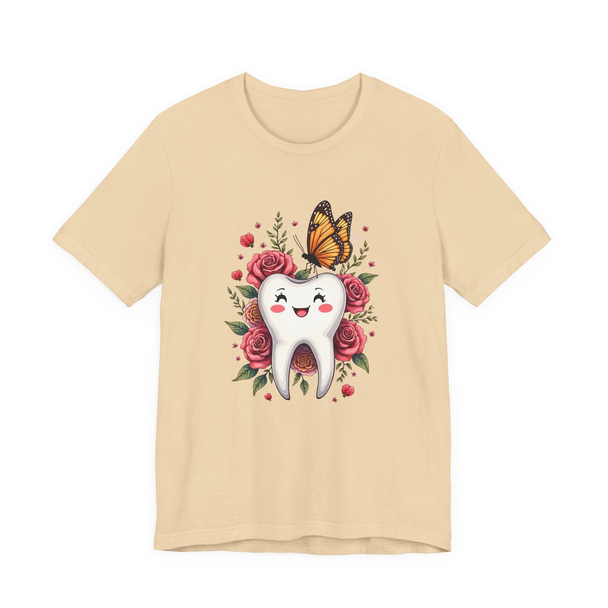 Smile T Shirt Featuring Large Smiling Tooth Surrounded by Flowers Leaves and Butterflies