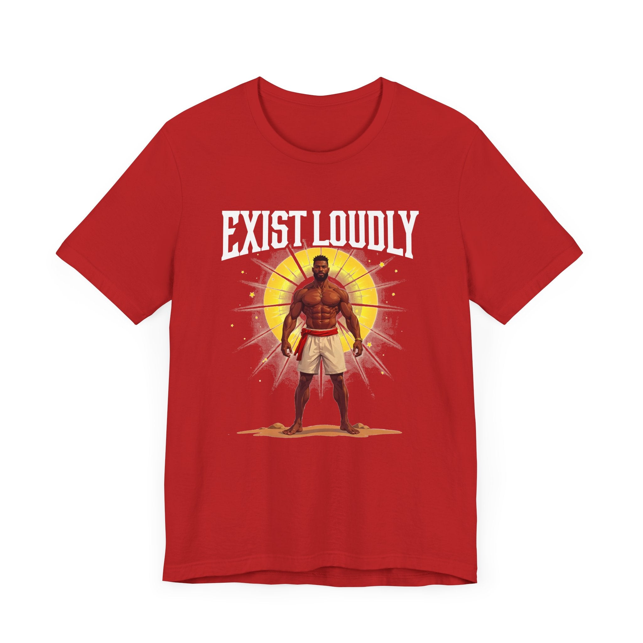 Exist Loudly – Strong Muscular Man with Red Belt & Glowing Light Graphic T-Shirt