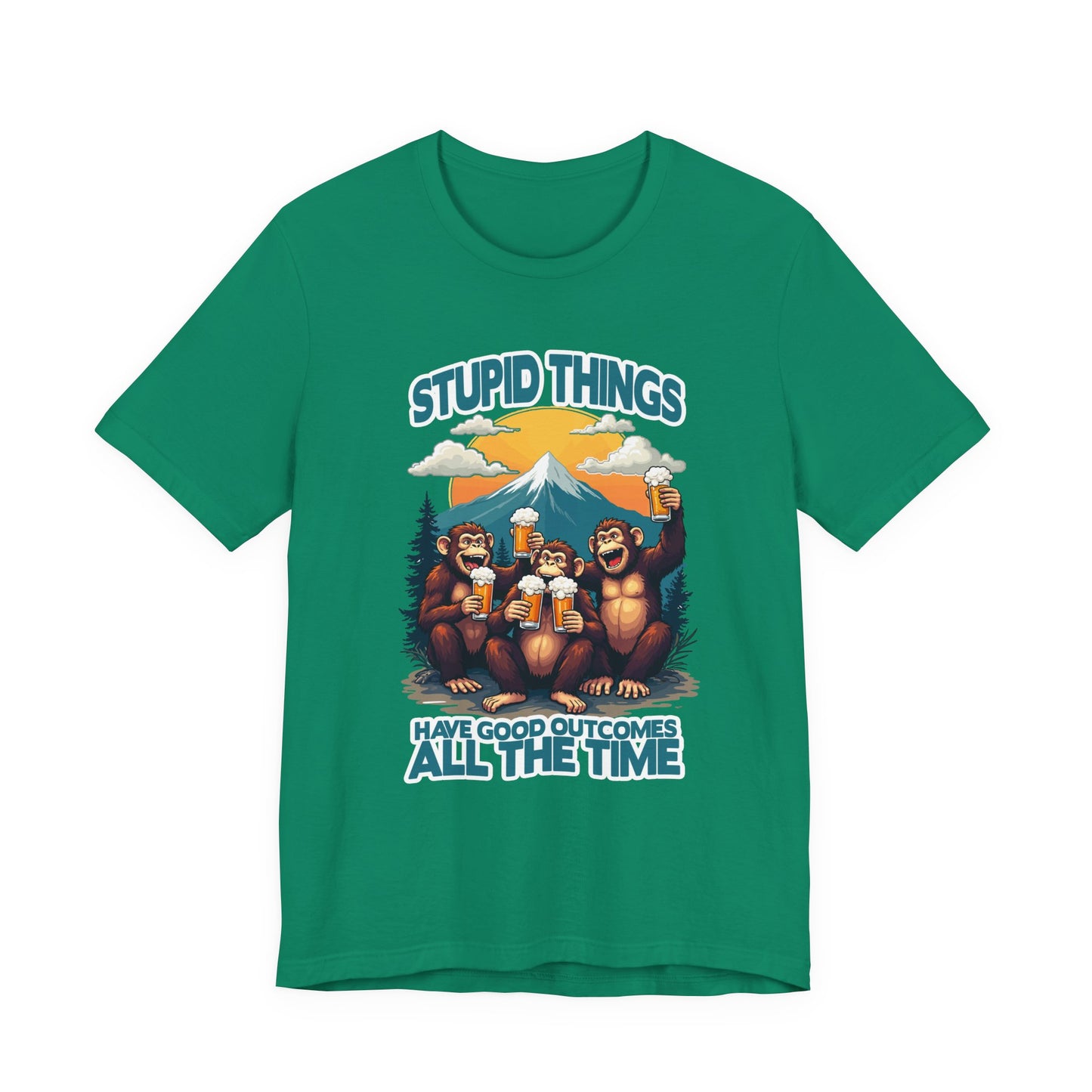 Stupid Things Have Good Outcomes Tshirt – Three Monkeys Cheers with Beer Mugs & Mountain Scene