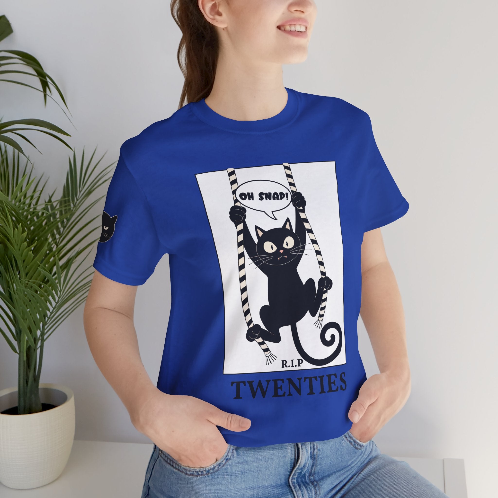 Custom T-Shirt - Oh Snap Funny Cat T-Shirt – Cat Hanging from Blinds Mischievous Kitten Humor Graphic Tee
