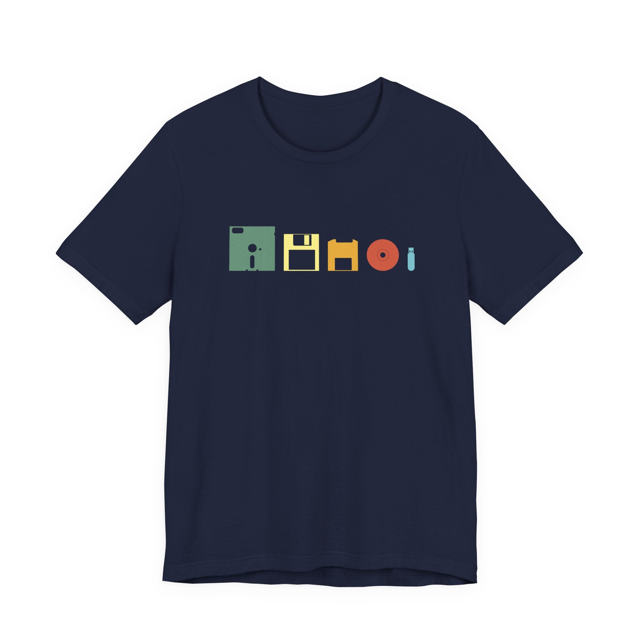 Data Storage Evolution Tshirt – Floppy Disk to CD to Thumb Drive