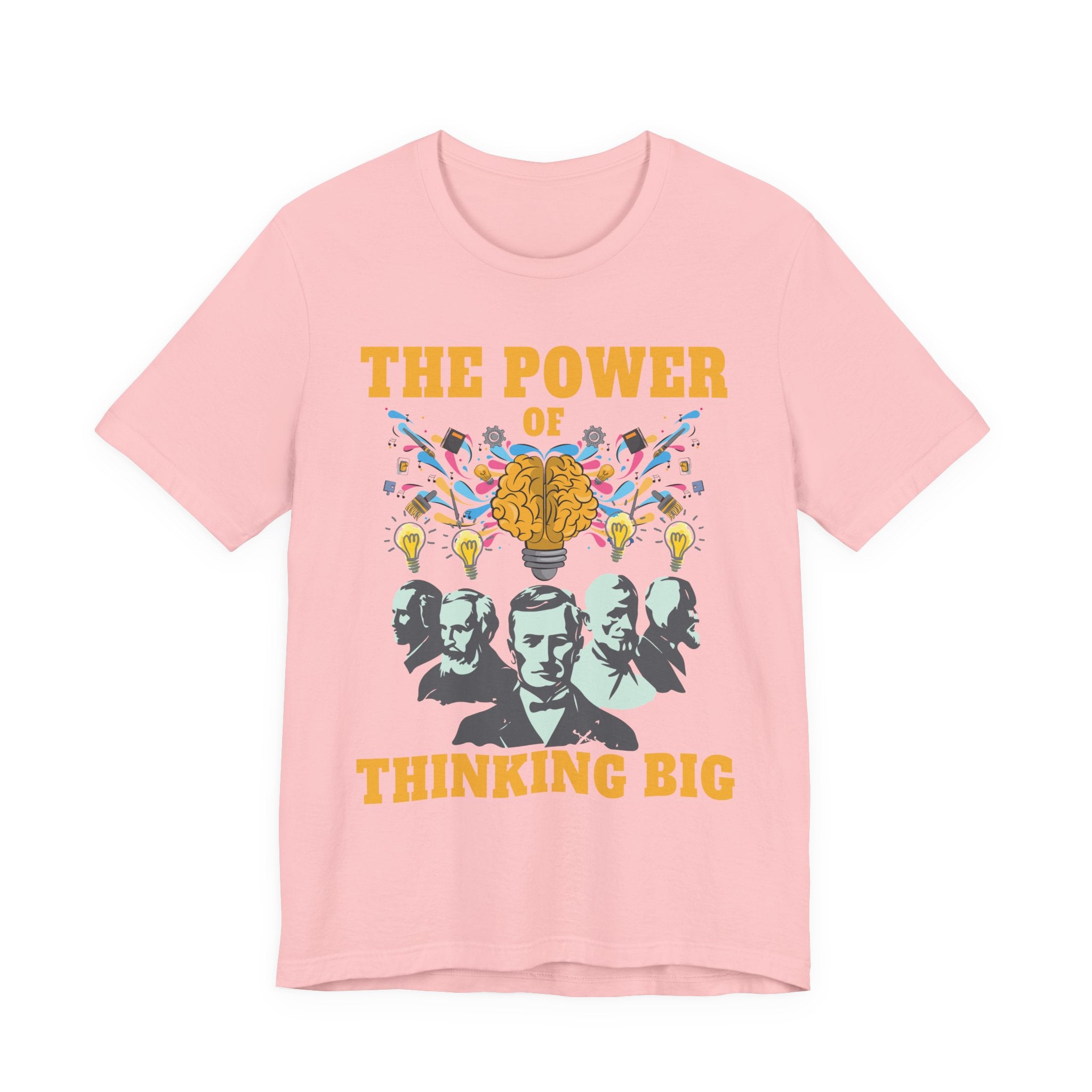 The Power of Thinking Big Tshirt – Brain with Great Scientists and Glowing Bulb Graphic