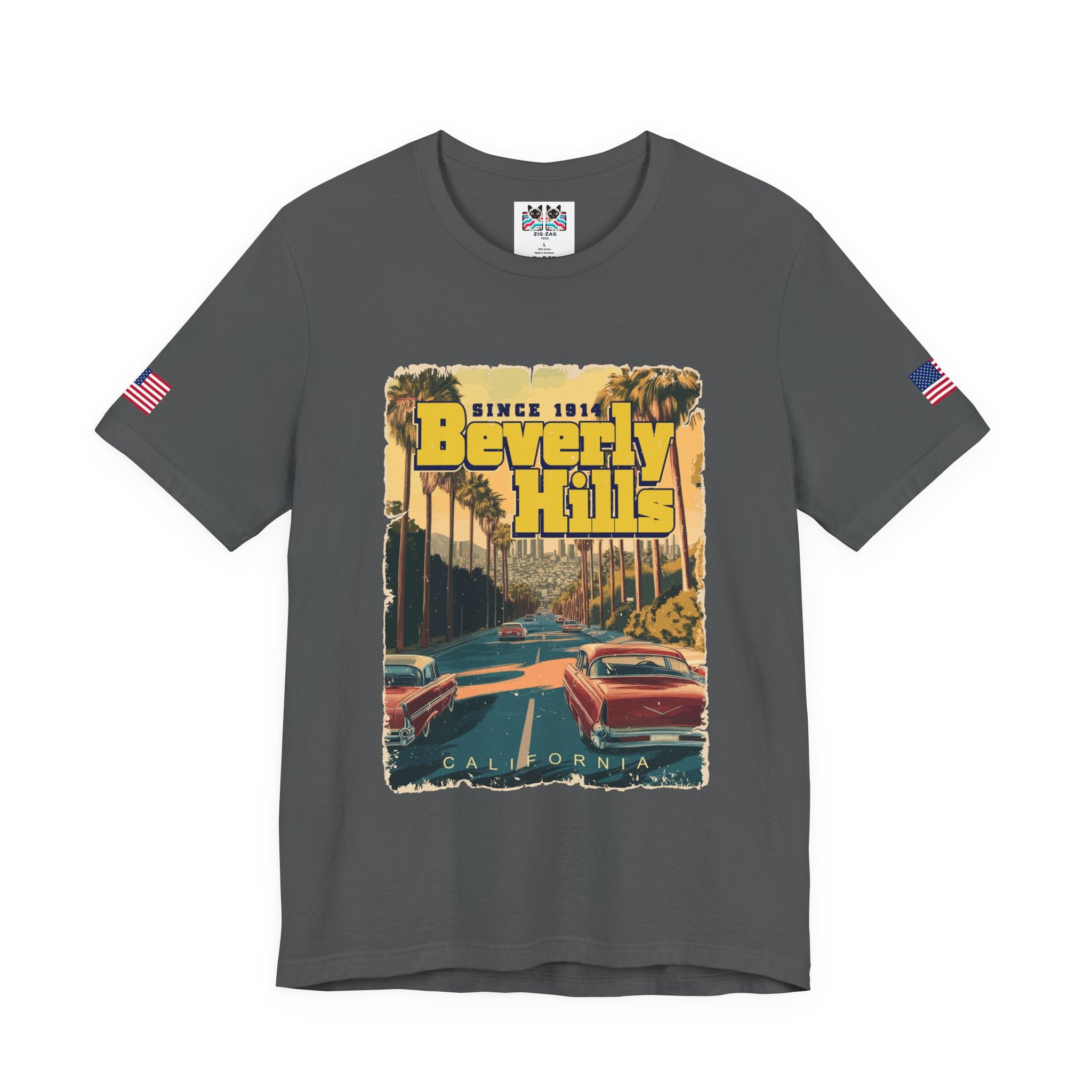 Beverly Hills Since 1914 California T-Shirt – Classic Cars Palm Boulevard Retro Graphic Tee