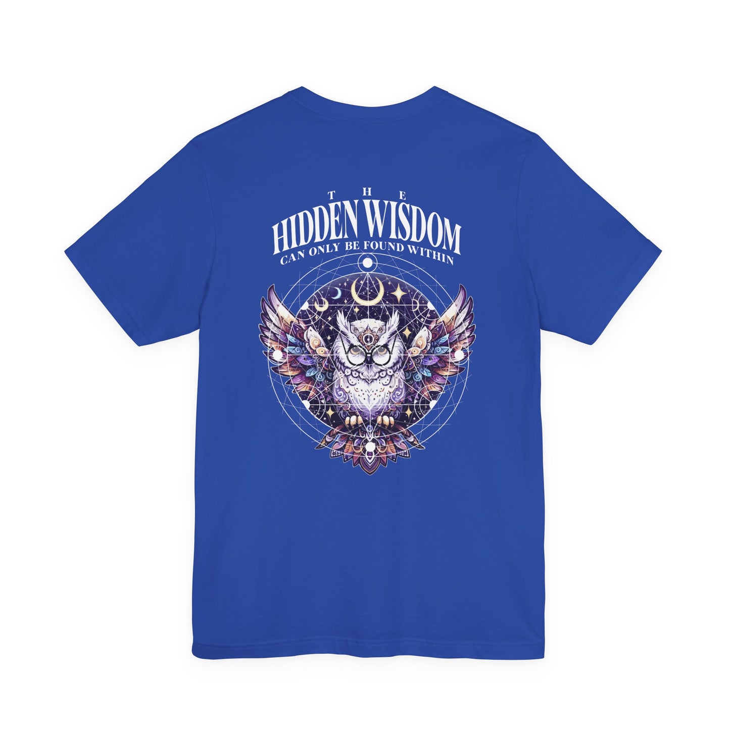 The Hidden Wisdom Within T-Shirt – Vibrant Flying Owl with Geometric Lines