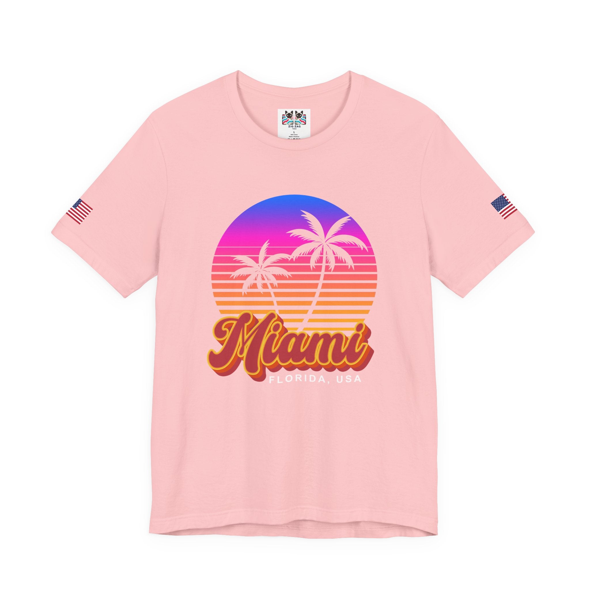 Miami Florida USA T-Shirt – Retro Neon Sunset Palm Tree Circle Graphic Tee