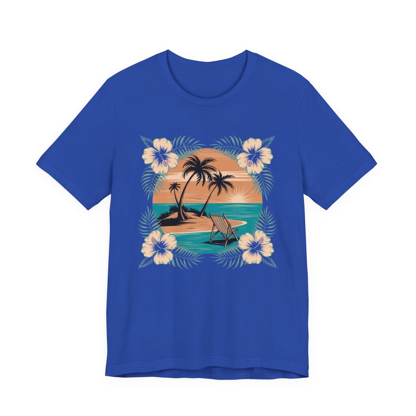 Tropical Escape – Beach Island Sunset with Floral Border Graphic T-Shirt